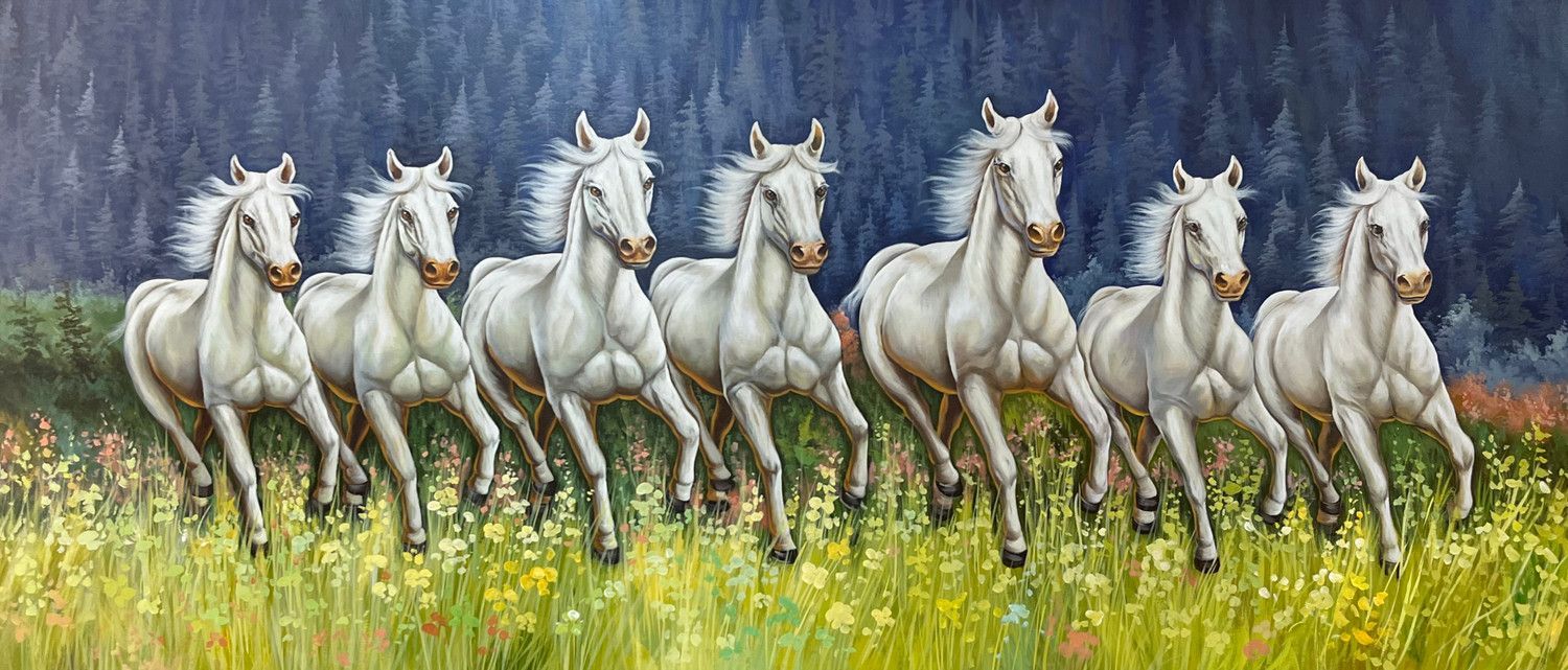 1500x641 Gud Luck Running Horses. Graceful Gallop Of Seven Horses. Realism, Naturalism Handmade Painting