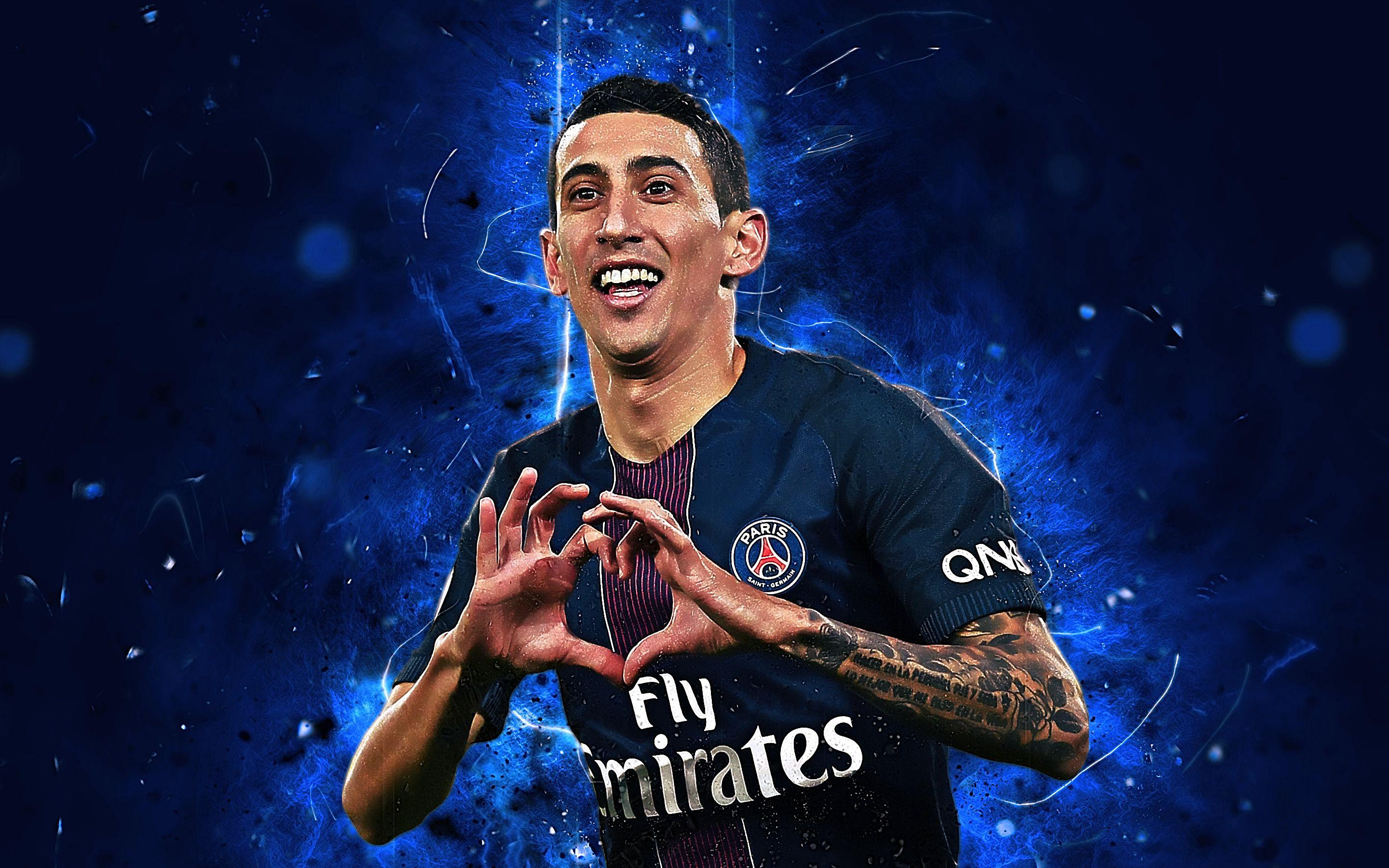 Download wallpapers Angel Di Maria closeup PSG Ligue 1 goal  argentinean footballers Paris SaintGermain Angel Fabian Di Maria neon  lights soccer creative France for desktop with resolution 2880x1800  High Quality HD pictures