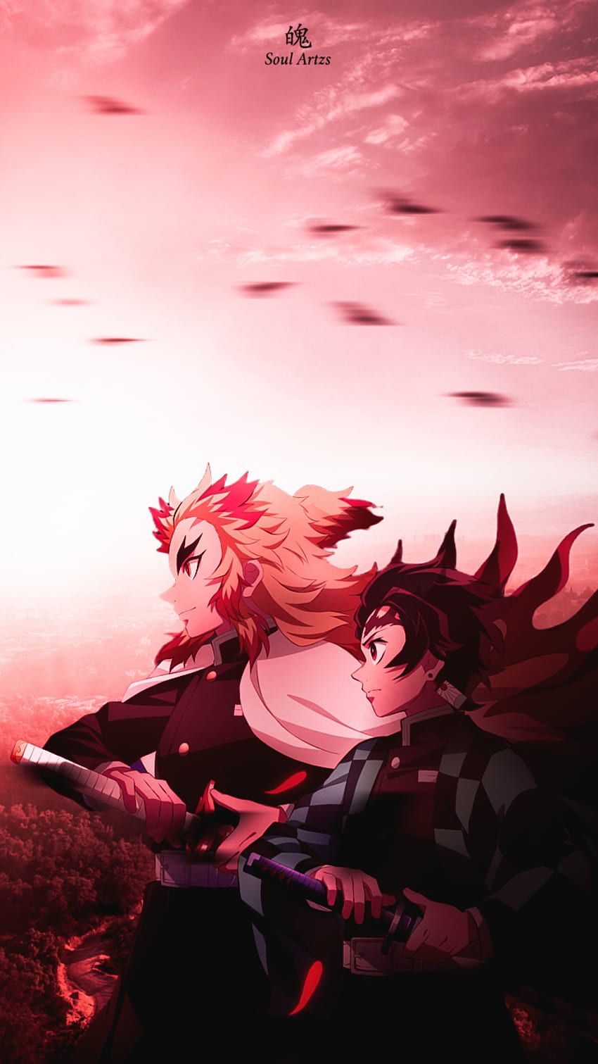 850x1511 Demon Slayer, magenta, pink, rengoku, kimetsunoyaiba, tanjiro, demonslayer, kny, sunset, anime, anime HD phone wallpaper