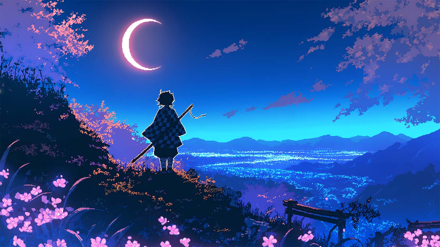 1536x864 Tanjiro Moonlit Valley Pixel Art Desktop Wallpaper