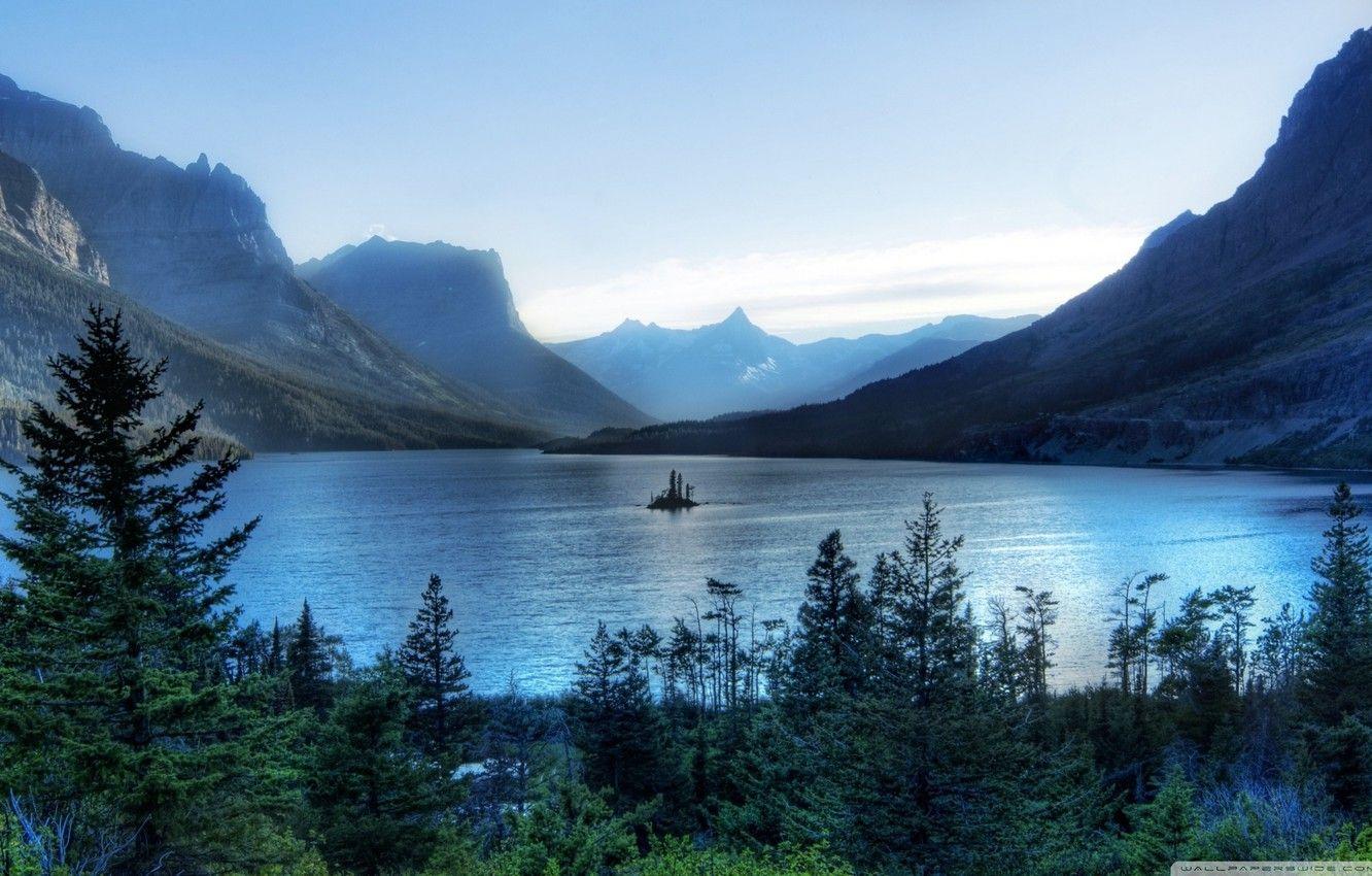 1332x850 Wallpaper forest, trees, nature, mountains, lake, island, morning