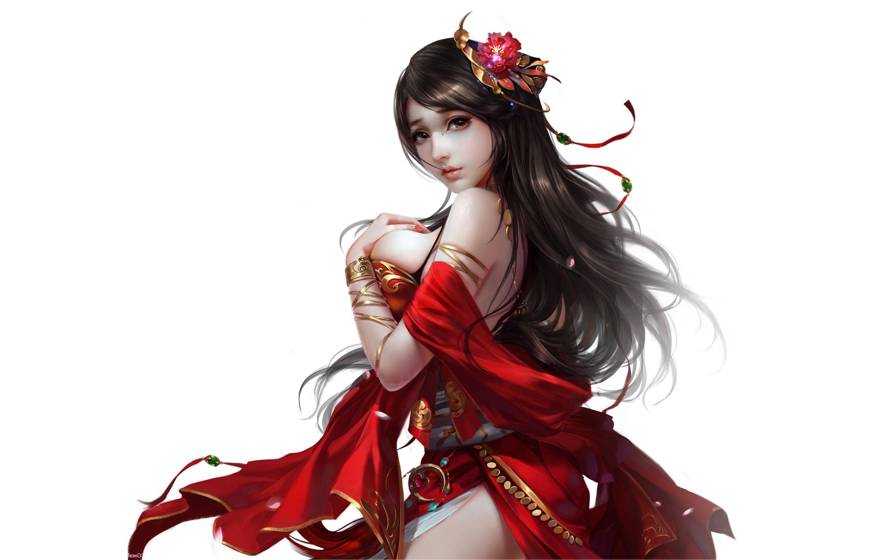 2880x1800 Beautiful Asian Girl Red Clothes Flower In Hair Jewelry HD