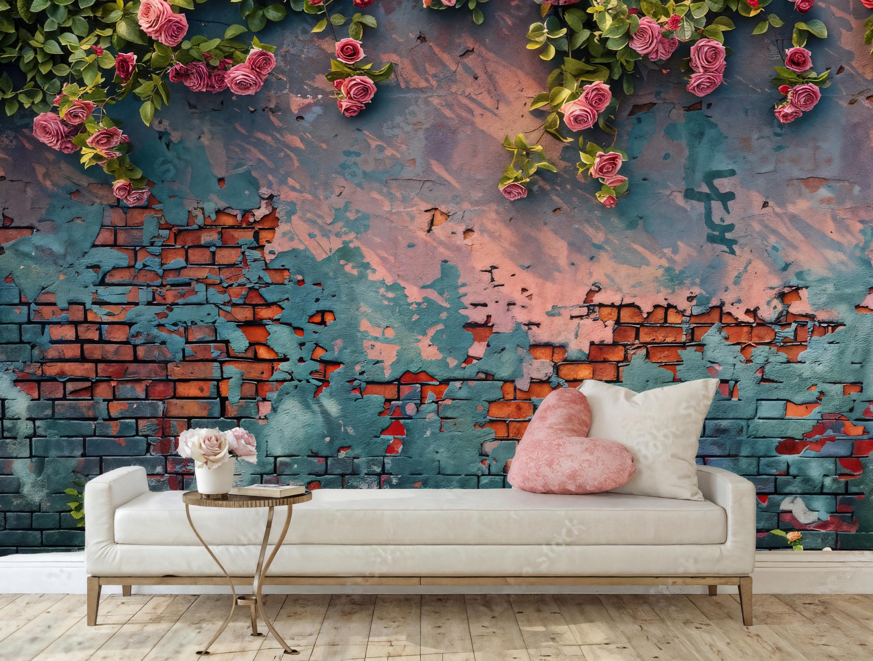 3000x2274 Roses on Graffiti Wall Wallpaper: Vintage Brick 3D Effect Mural
