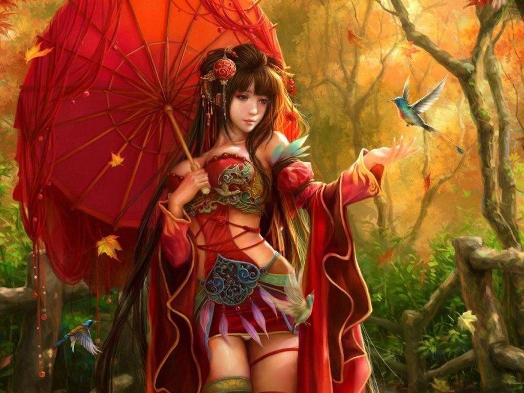 1024x768 Woman Asian Umbrella Bird Google+ Cover Photo