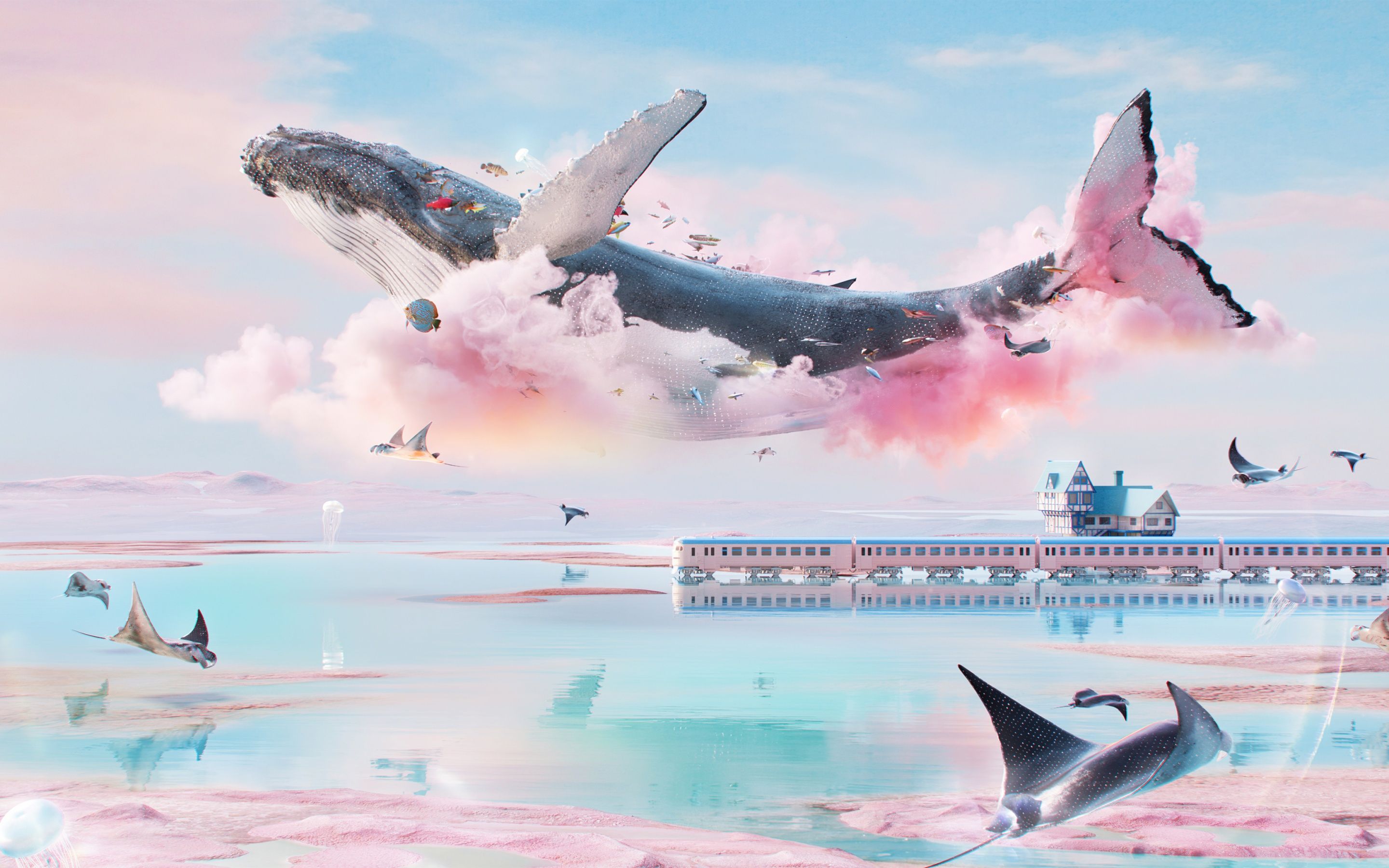 2880x1800 Dreamlike Wallpaper 4K, Whale, Surrealism, Pink clouds