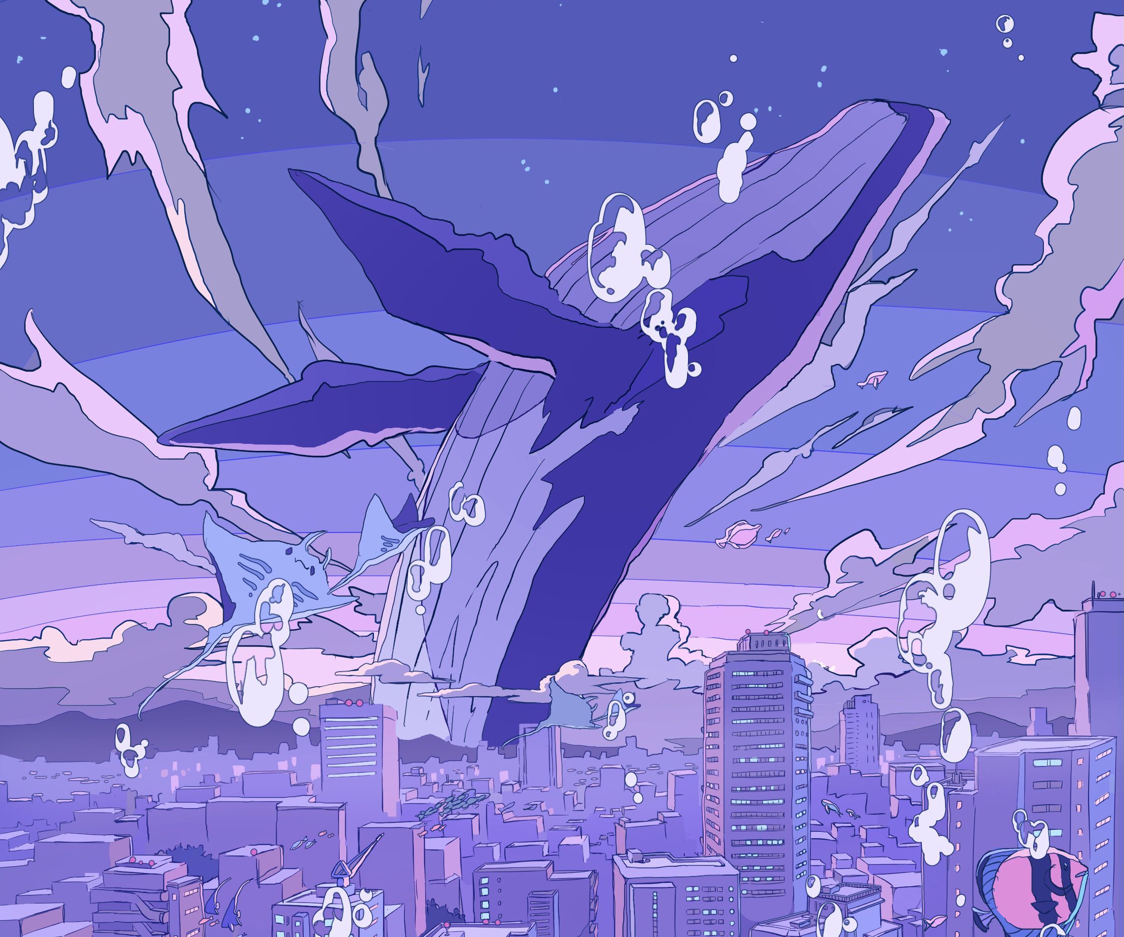 2287x1906 Majestic Fantasy Whale Soars Over Cityscape