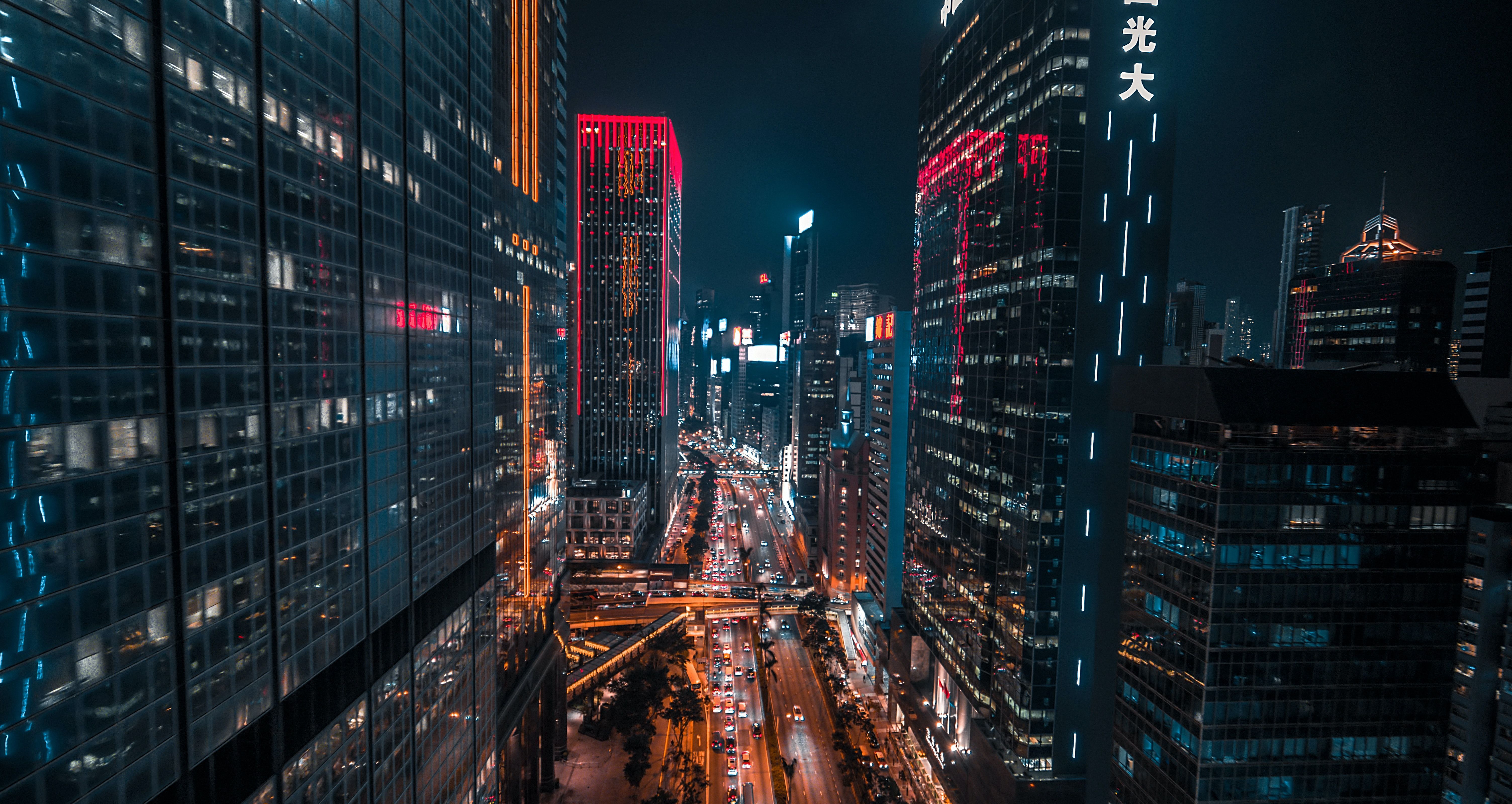 6016x3200 Desktop wallpaper: Night City, Cities, Architecture, Building, Road 4K free download for PC. 57689
