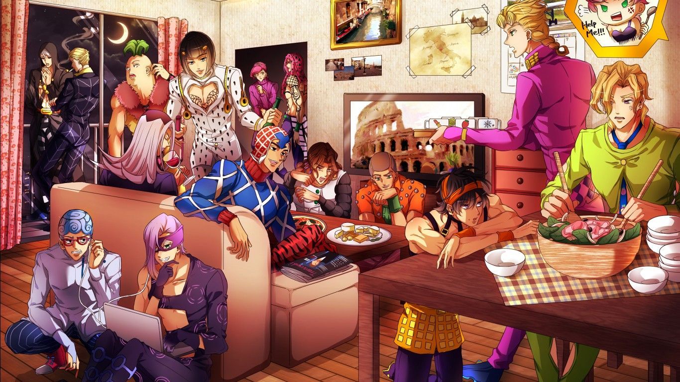 1366x768 Jojo Bruno Bucciarati Diavolo Formaggio Ghiaccio Giorno Giovanna Guido Mista Illuso Leone Abbacchio Melone Narancia All In A Room 4K HD Anime Wallpaper
