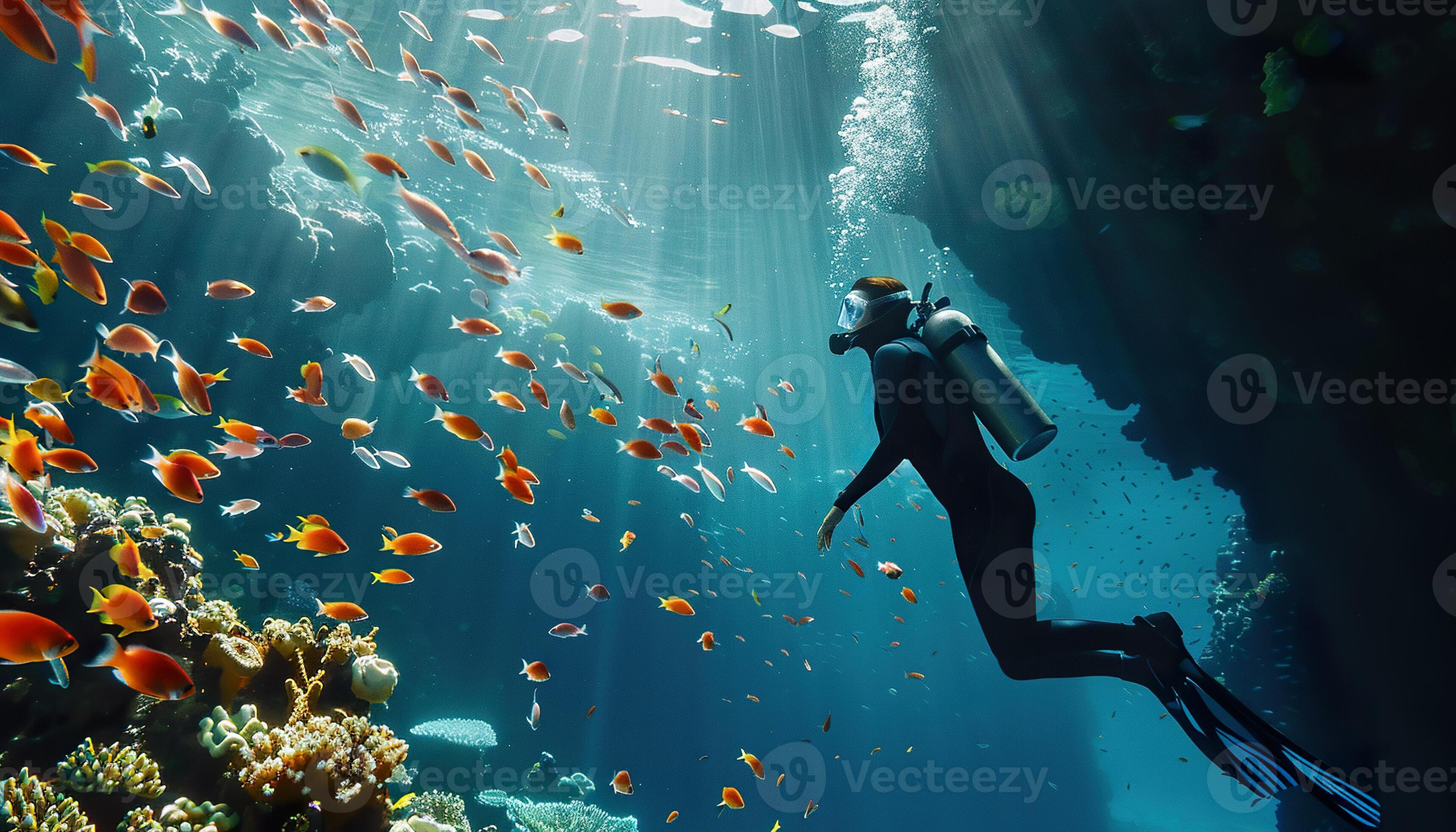 3430x1960 Woman scuba diver diving underwater, coral reef, exotic fish background. Travel, swimming adventure in shallow waters wallpaper
