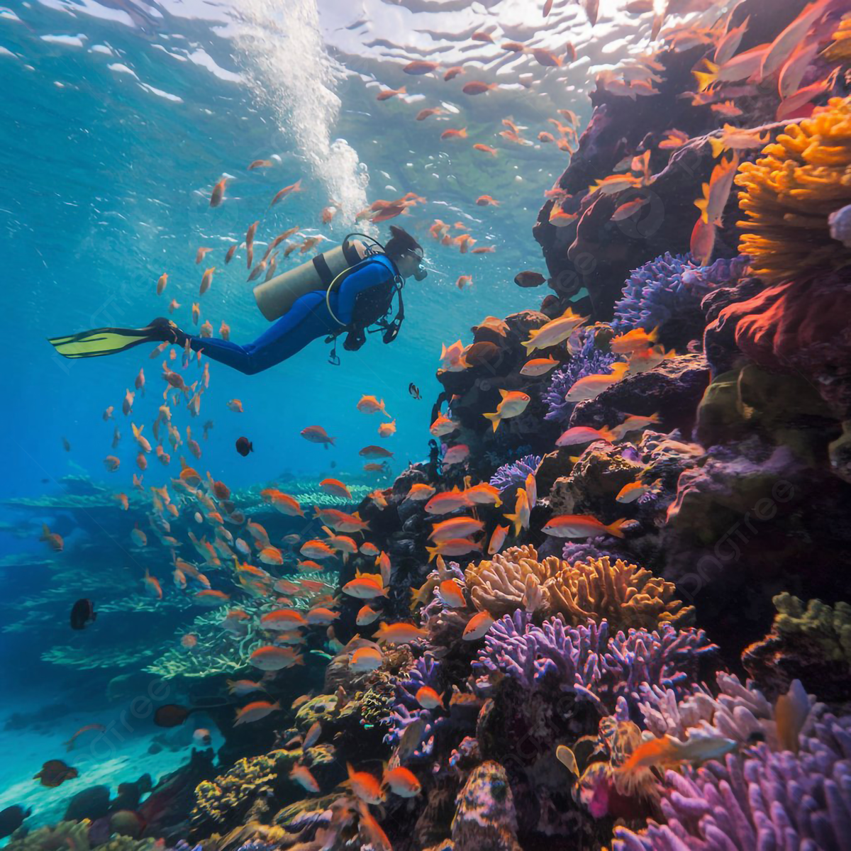 1200x1200 Scuba Diver Near Beautiful Coral Reef Surrounded With Shoal Of Colorful Fish, Scuba Diving, Coral Reef, Marine Life Background Image And Wallpaper for Free Download