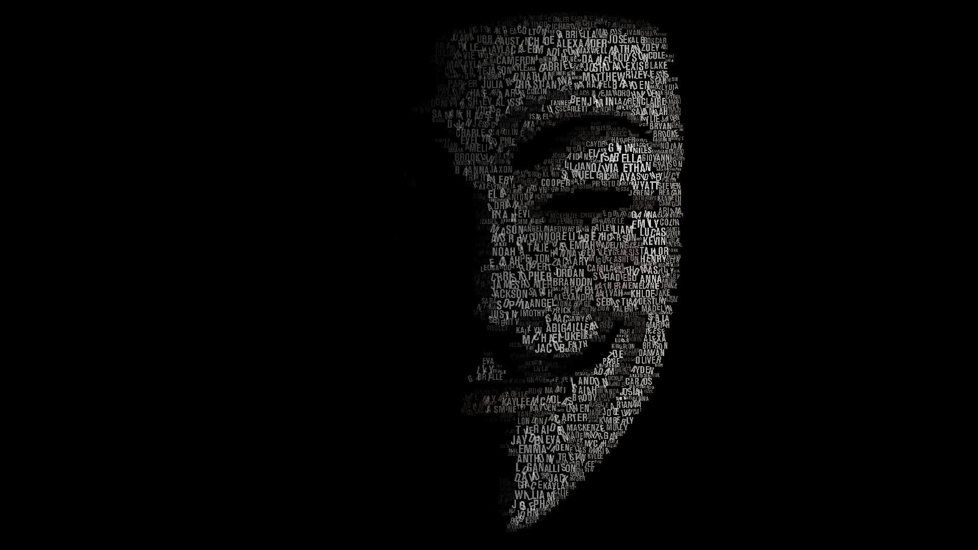1920x1080 #black background, #Anonymous, #V for Vendetta, #fantasy art, #digital art, #mask, #typographic portraits, #Guy Fawkes mask, #minimalism, wallpaper HD Wallpaper