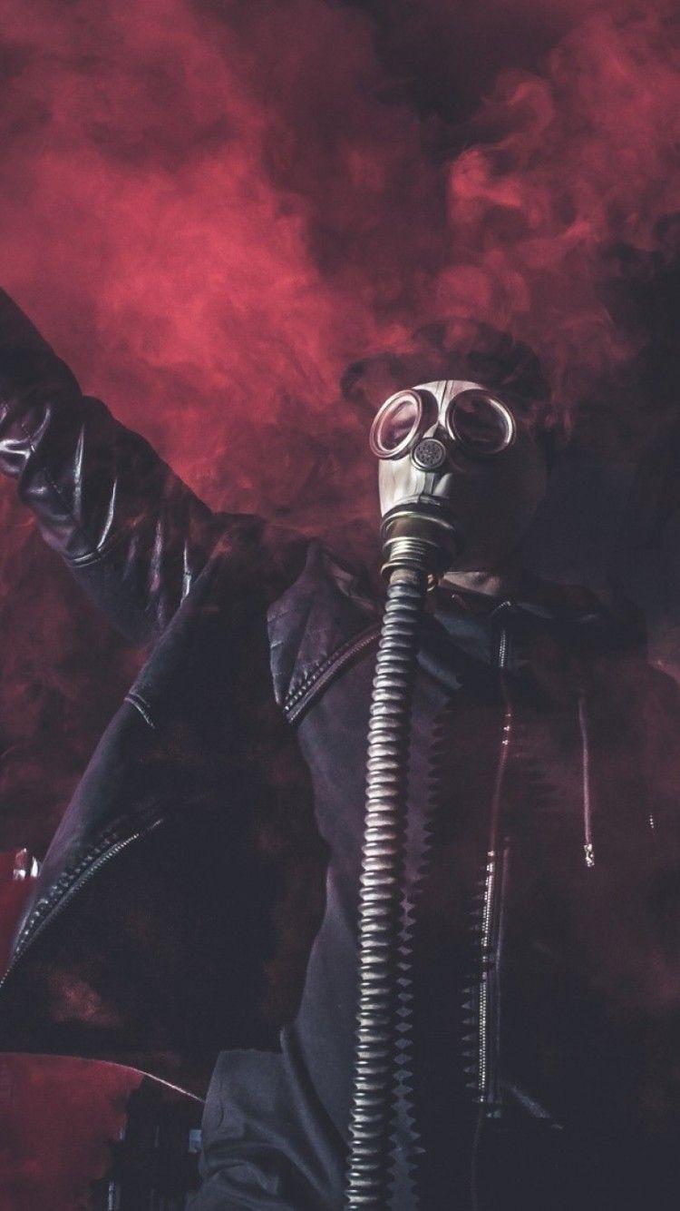 750x1334 Download 750x1334 Red Smoke, Gas Mask, Men, Inside Wallpaper