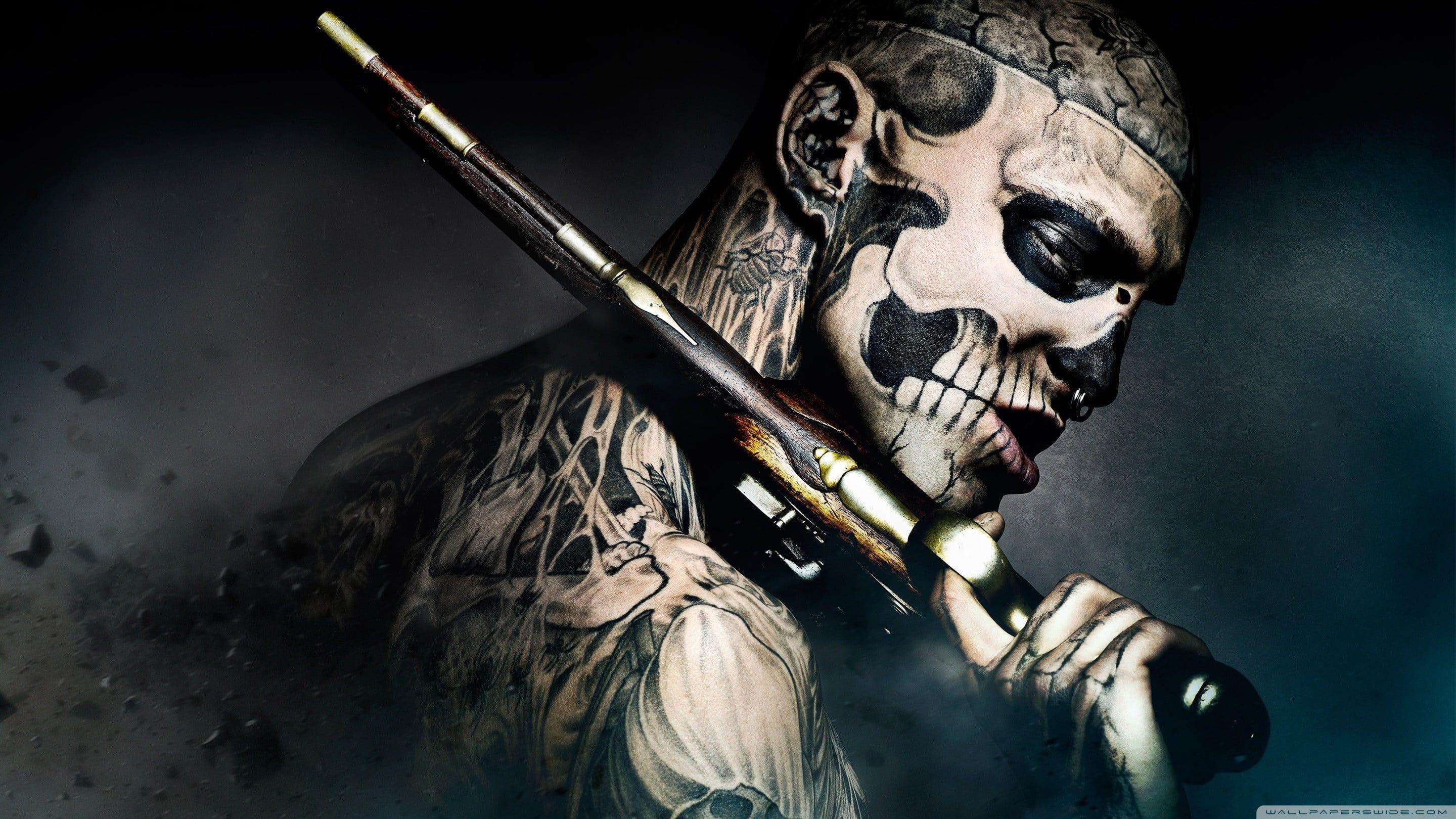 2880x1620 Man with skull face mask holding rifle illustration HD wallpaper