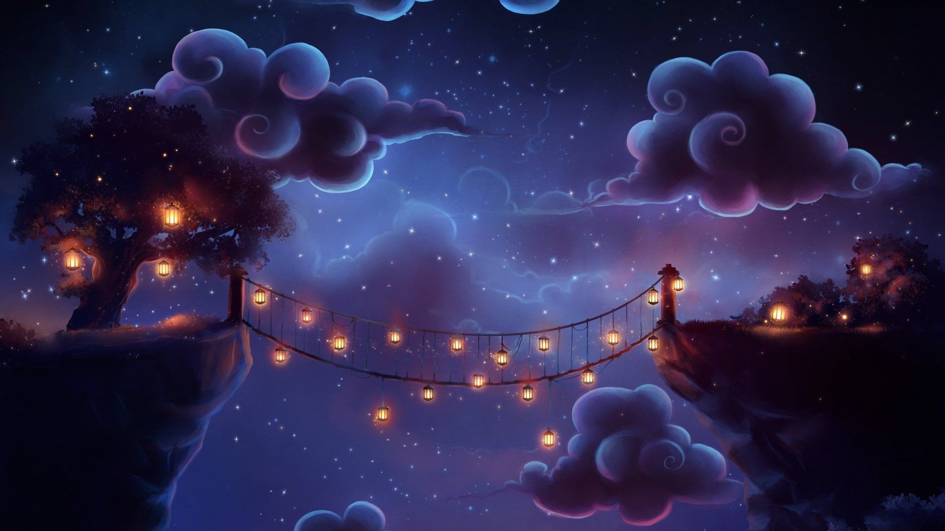 1920x1080 bridge, Flashlights, Clouds, Night, Fantasy, Magic Wallpaper HD / Desktop and Mobile Background