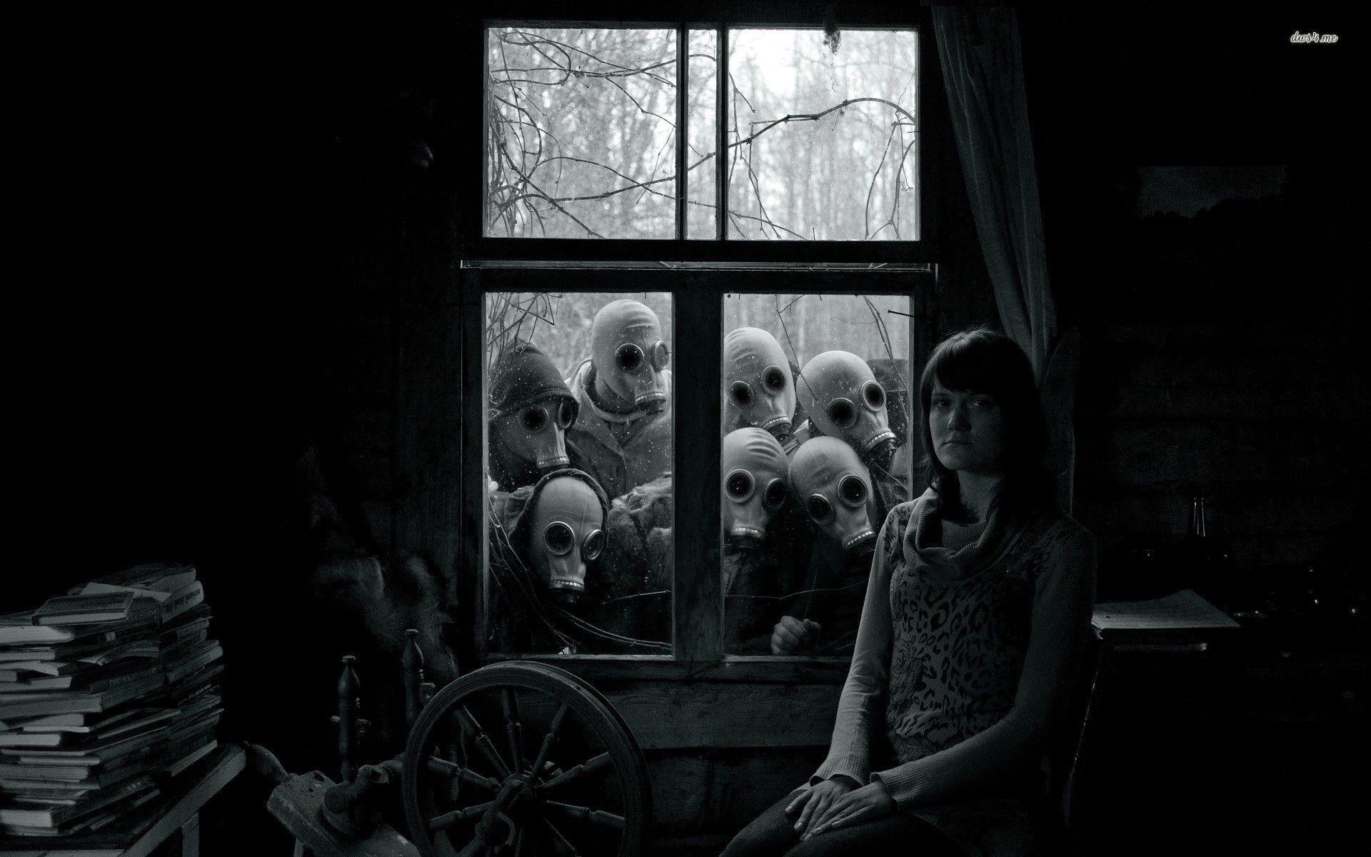 1920x1200 Facing The Men In Gas Masks Wallpaper Men Black And White