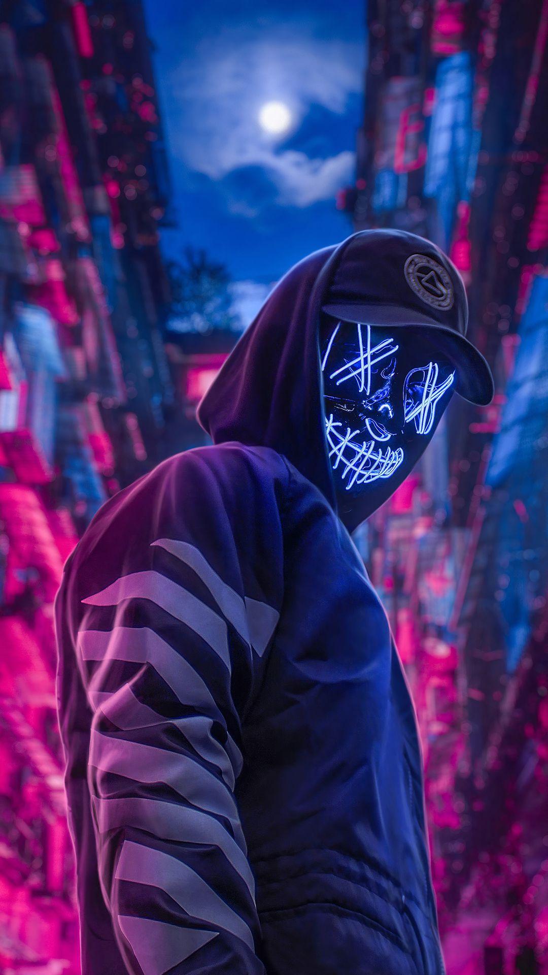 1080x1920 Neon Hoodie Hat Guy Wallpaper Purge Mask Wallpaper HD
