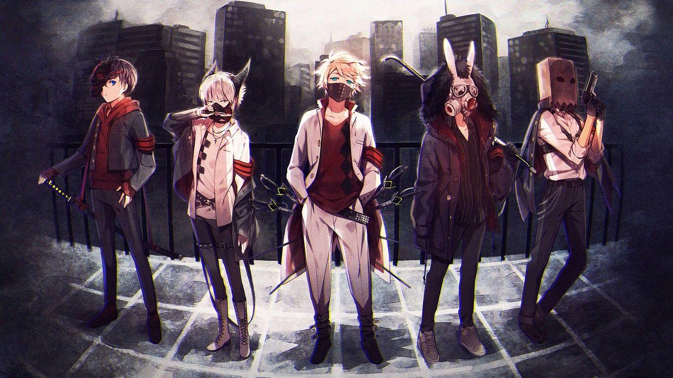 1366x768 #crowbar, #city, #anime, #anime boys, #sword, #mask, #gas masks, #night, #short hair, #blue eyes, #gun, #dark, #headband, #original characters, #katana, #knife, #futuristic wallpaper. Mocah HD Wallpaper