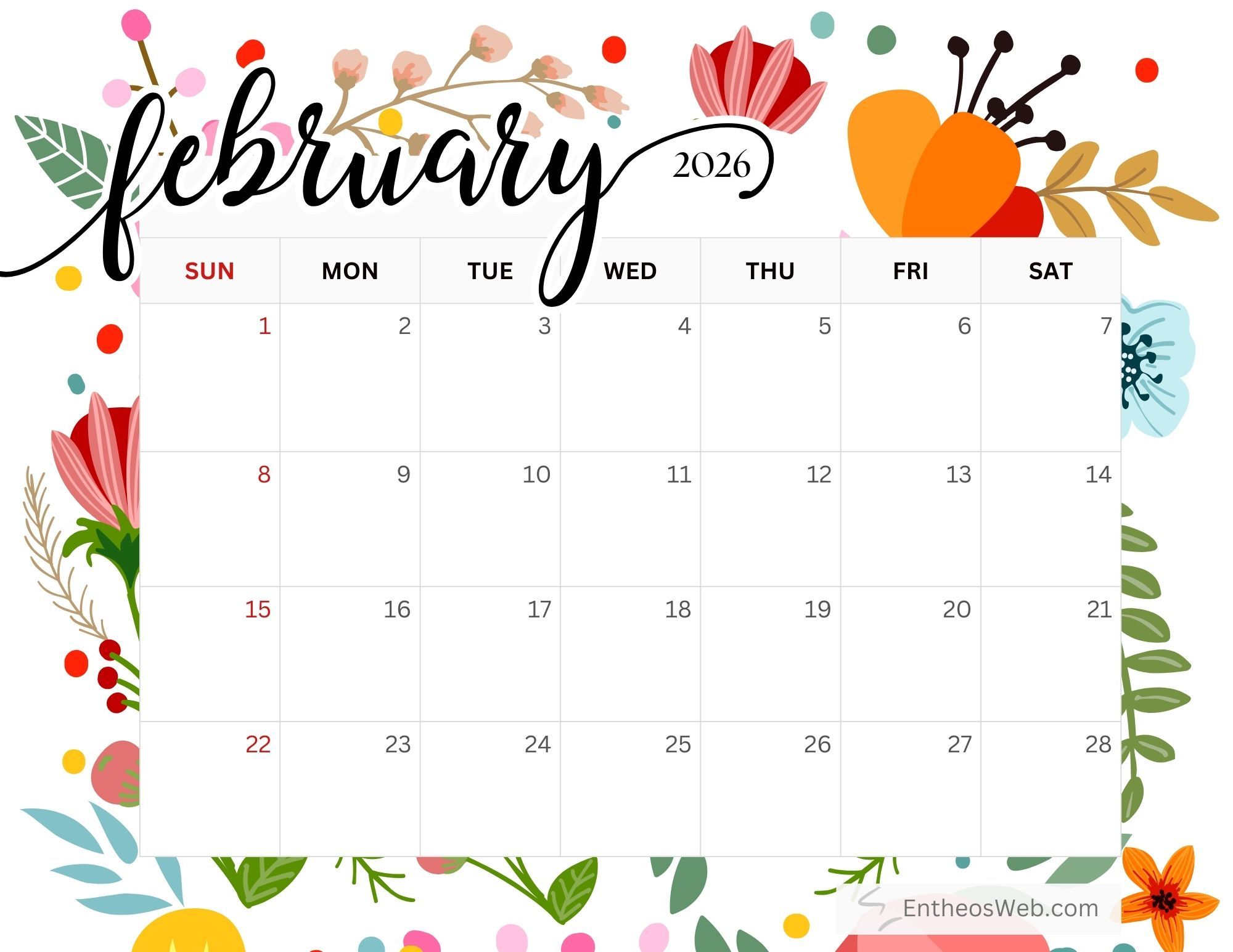 2000x1545 February 2026 Calendar Printables