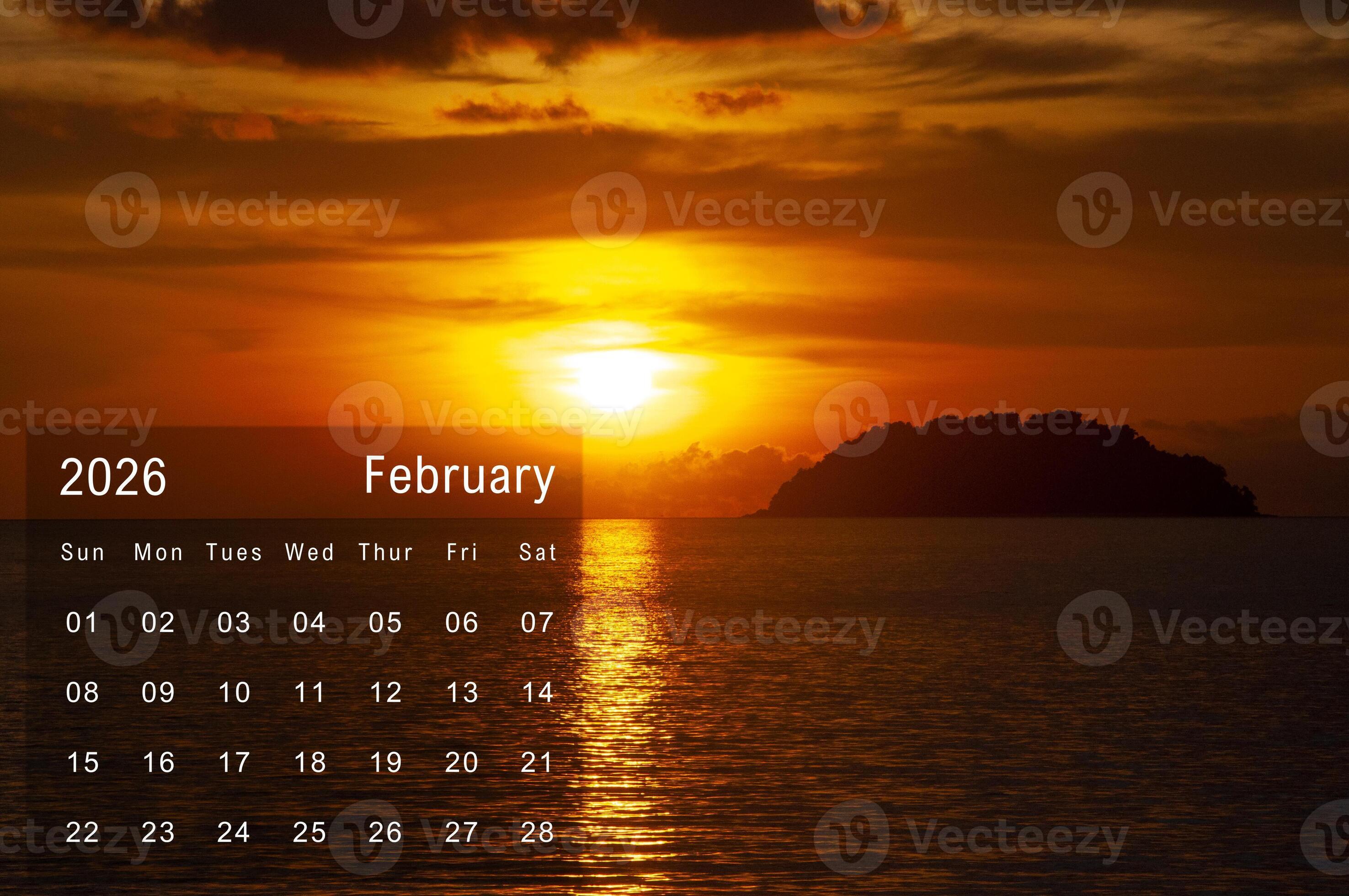 2951x1960 February 2026 Calendar with wonderful sunset view at a beach