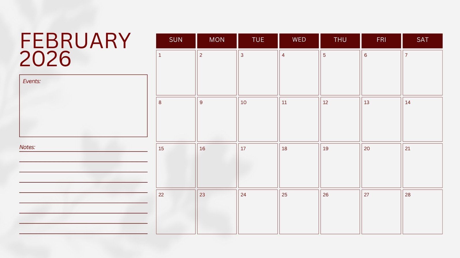 1600x900 Free to customize February 2026 calendar templates