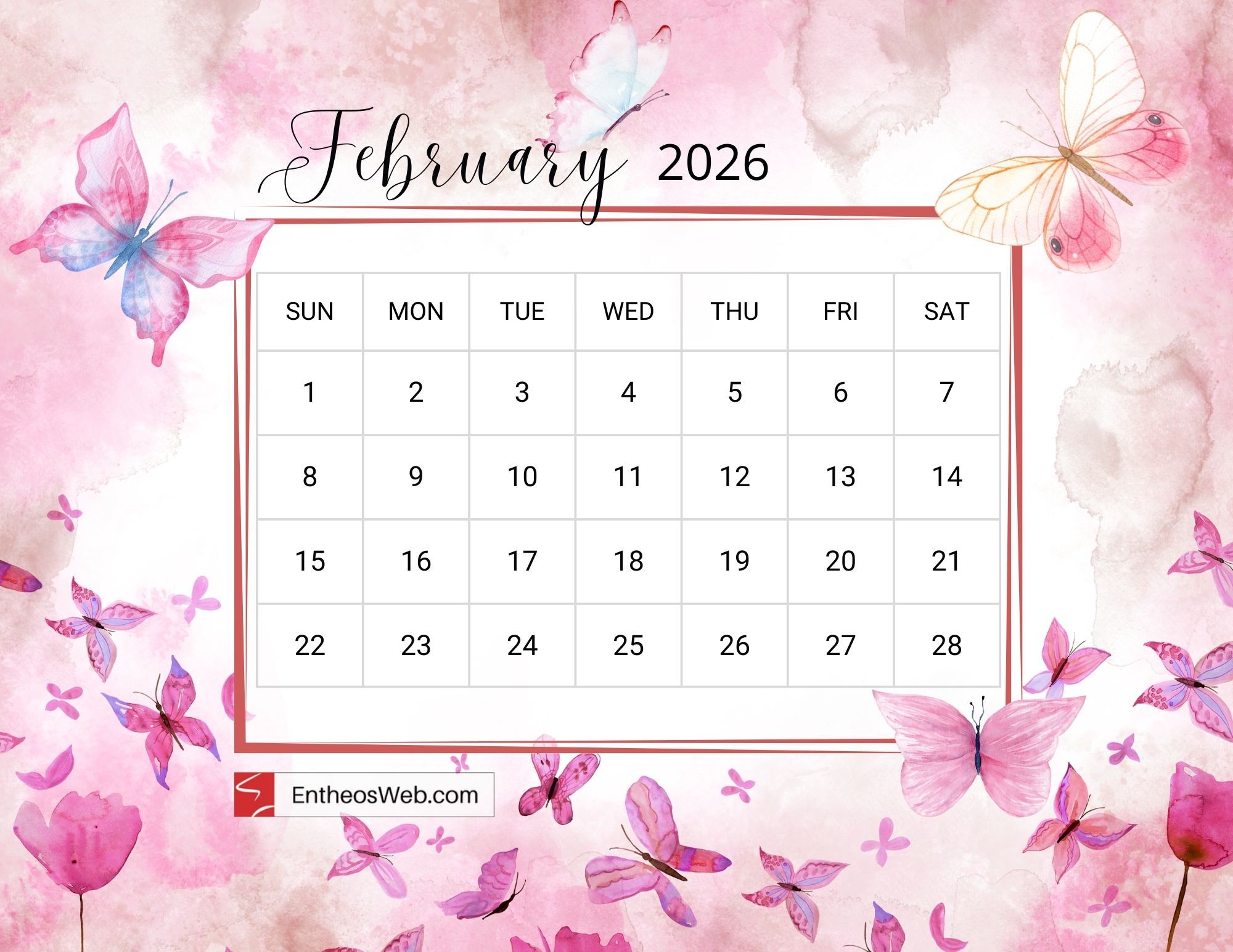 2000x1545 Butterfly Themed 2026 Printable Calendar