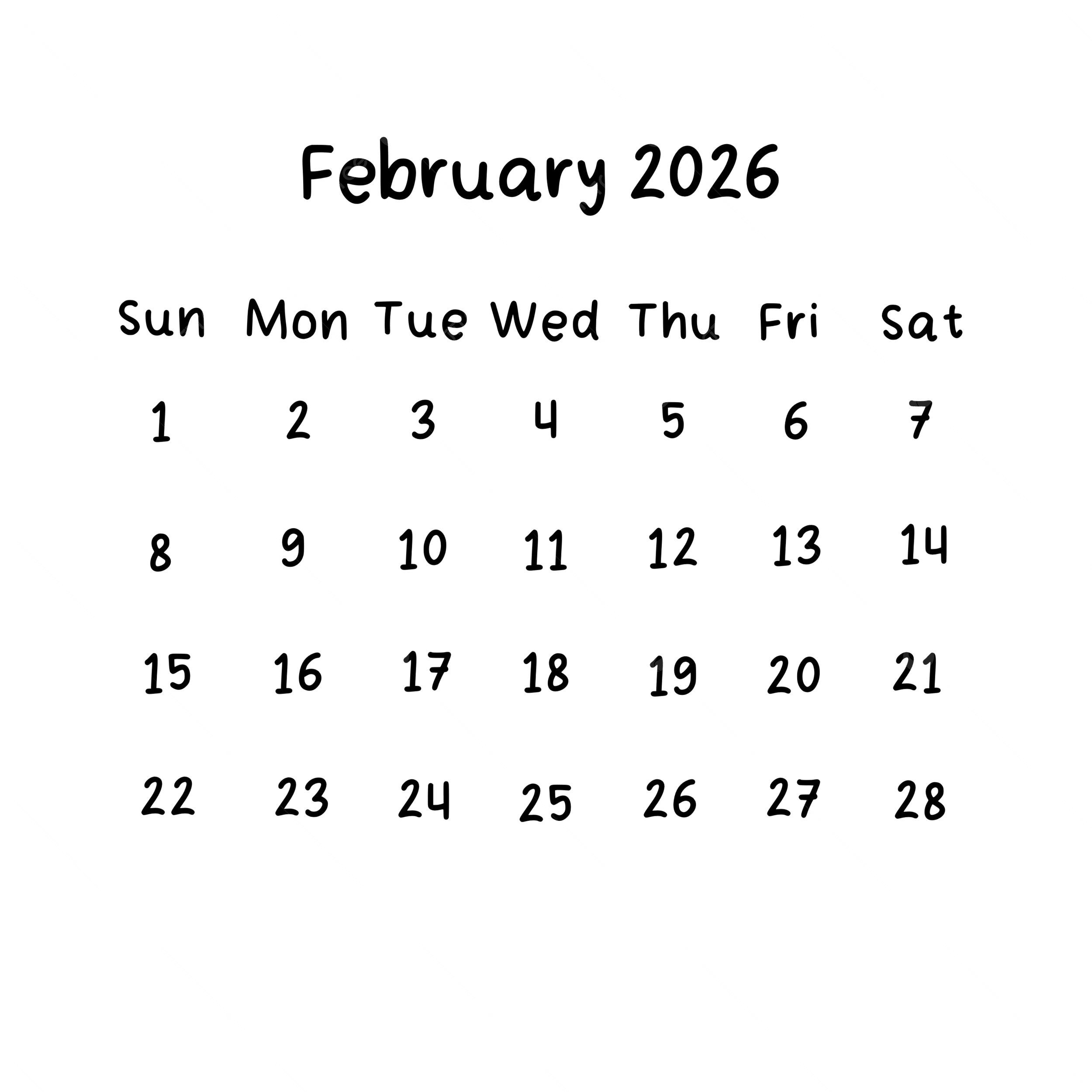 2500x2500 February Monthly Calendar 2026 In Black Color, February, Calendar PNG Transparent Clipart Image and PSD File for Free Download