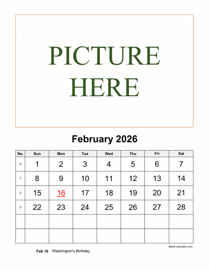 791x1024 Free Download Printable February 2026 Calendar, picture can be placed