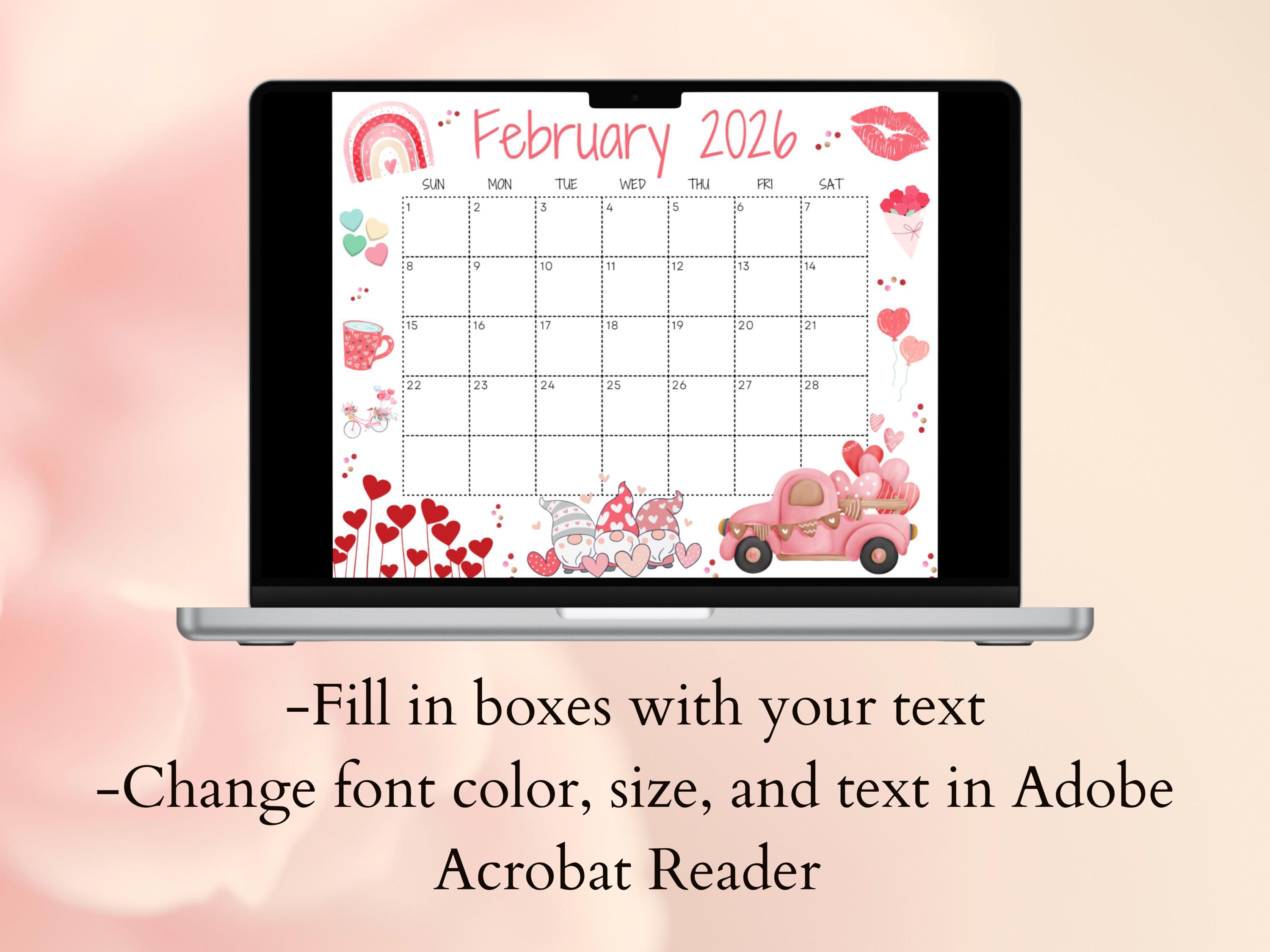 3000x2250 Editable February Calendar Printable Calendar Cute Calendar for Valentine's Day, School Calendar, Classroom Calendar, Pink Truck