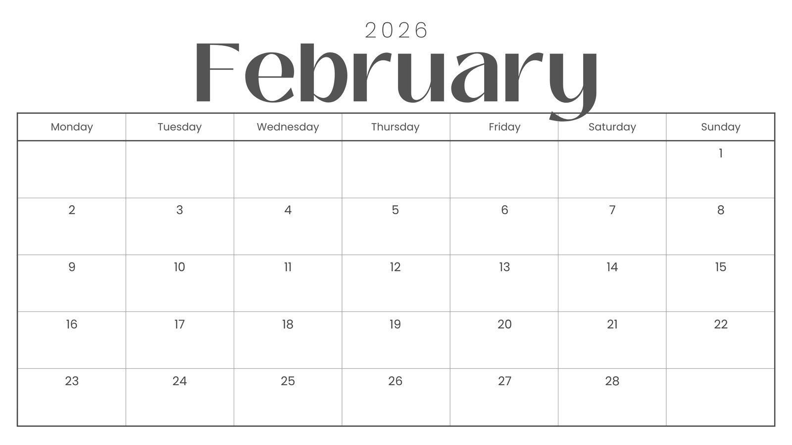1600x900 to customize February 2026 calendar templates