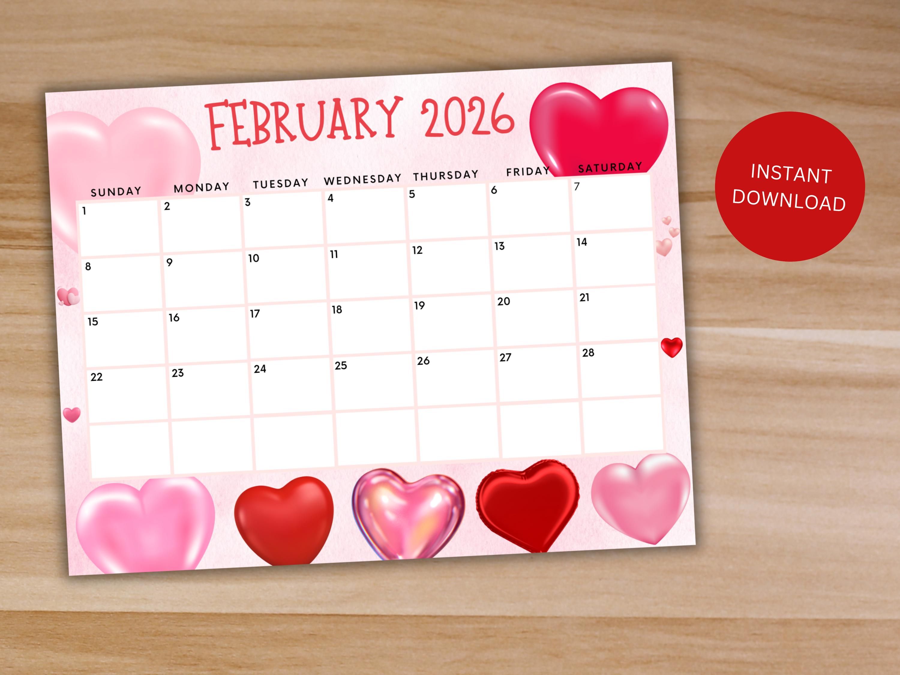 3000x2250 Editable February 2026 Calendar, Printable Valentine's Day Calendar W/ Hearts, Kids School Schedule, Cute Heart Monthly Calendar Pink