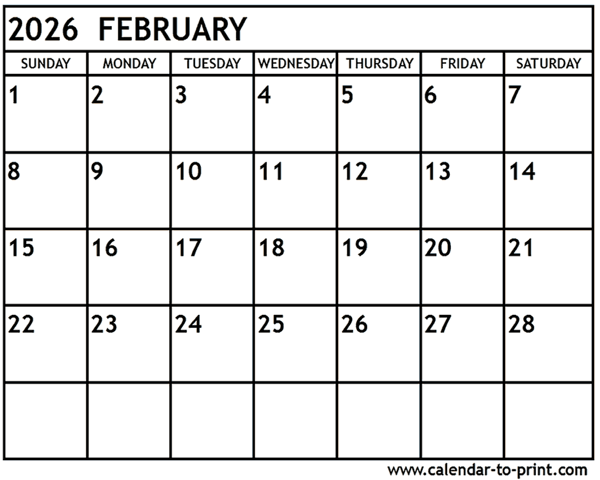 1200x960 February 2026 Calendar Printable