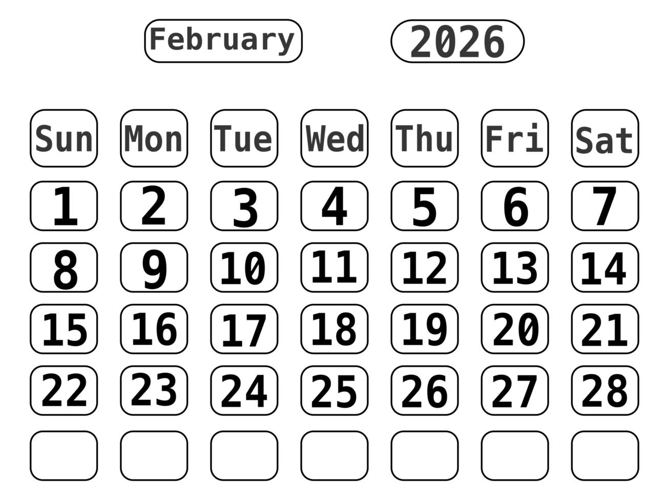 1307x980 Black Line Art 2026 Calendar template with No Background, February 2026 71048524 PNG