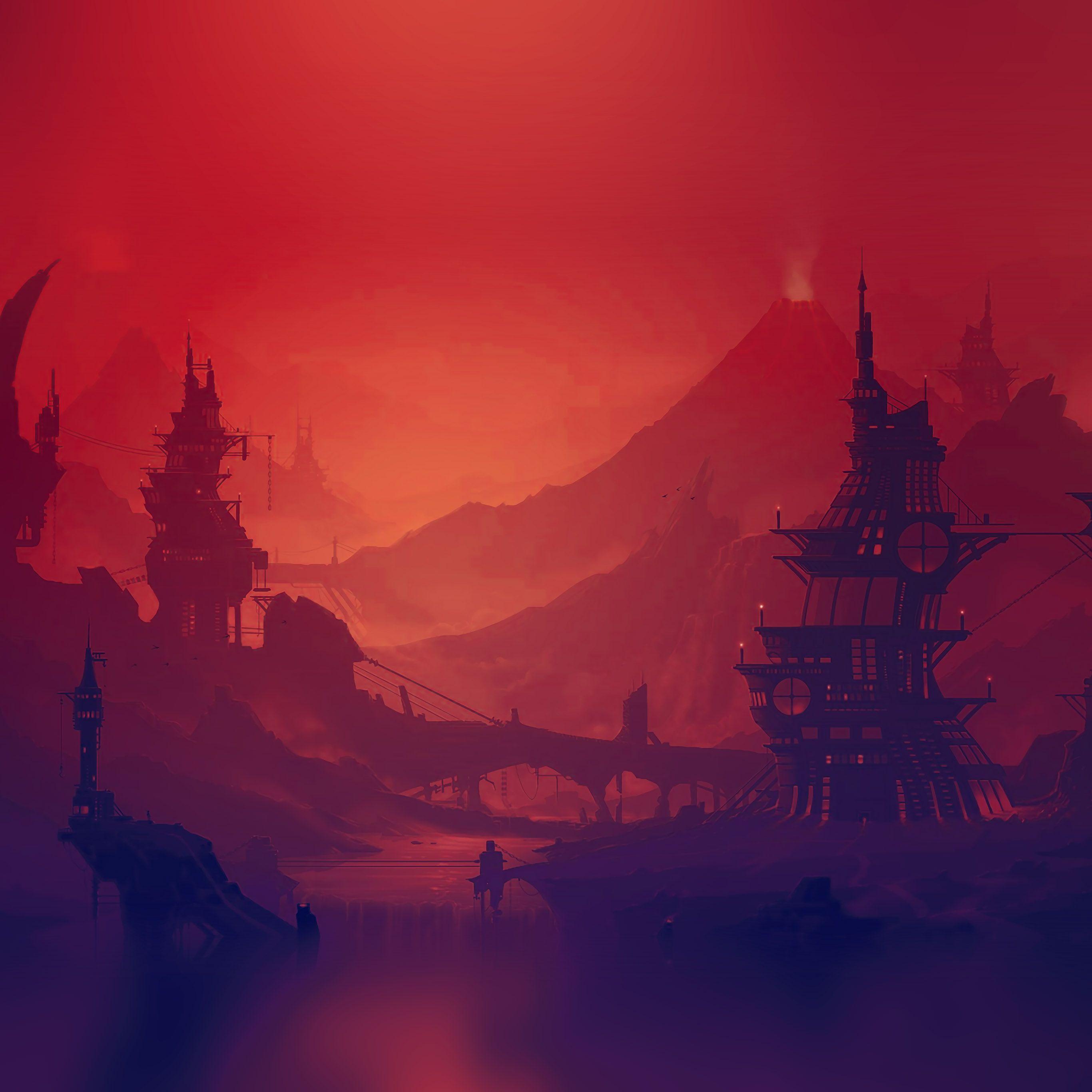 2732x2732 Red Purple River Illustration Art Anime Wallpaper