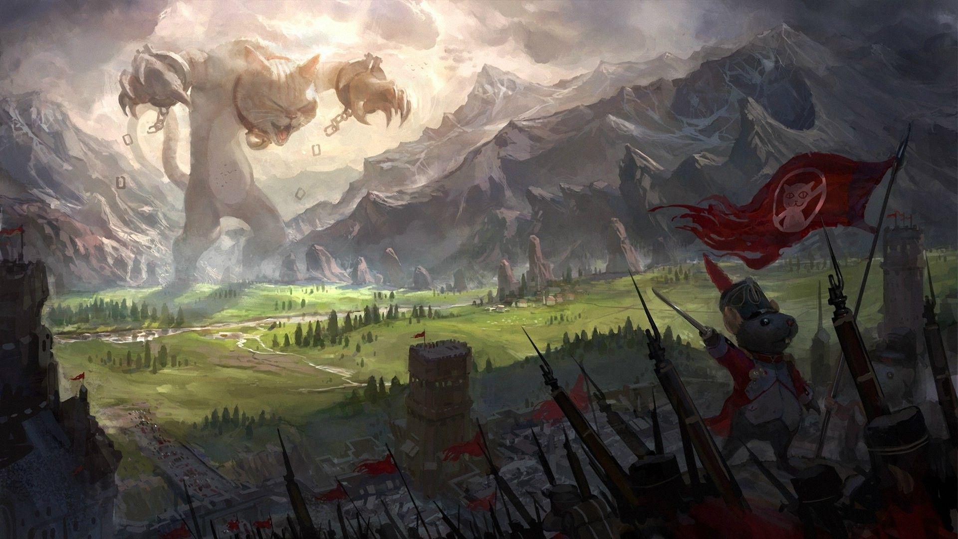 1920x1080 cat, War, Anime, Landscape, Mountain, Military, Mice, Artwork