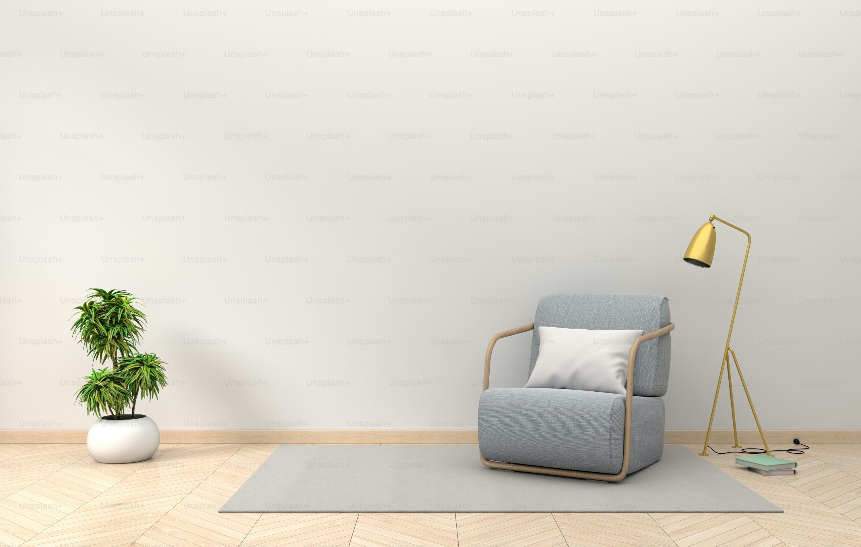 3000x1905 Living Room interior wall mockup with fabric armchair golden lamp and plants on empty white wall background, 3D rendering photo