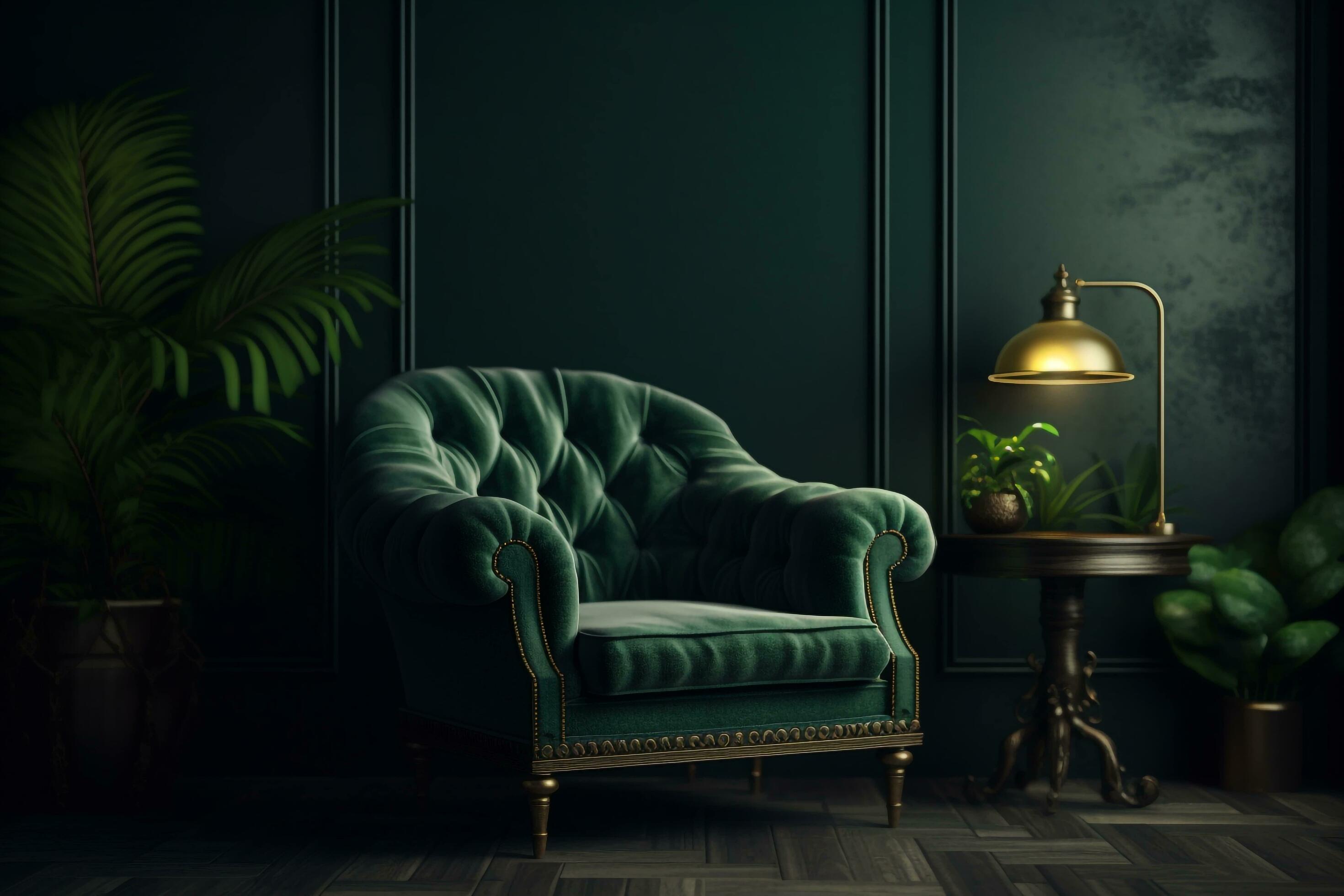 2940x1960 living room interior Dark green wall background with a cozy green armchair in living room, AI Generated