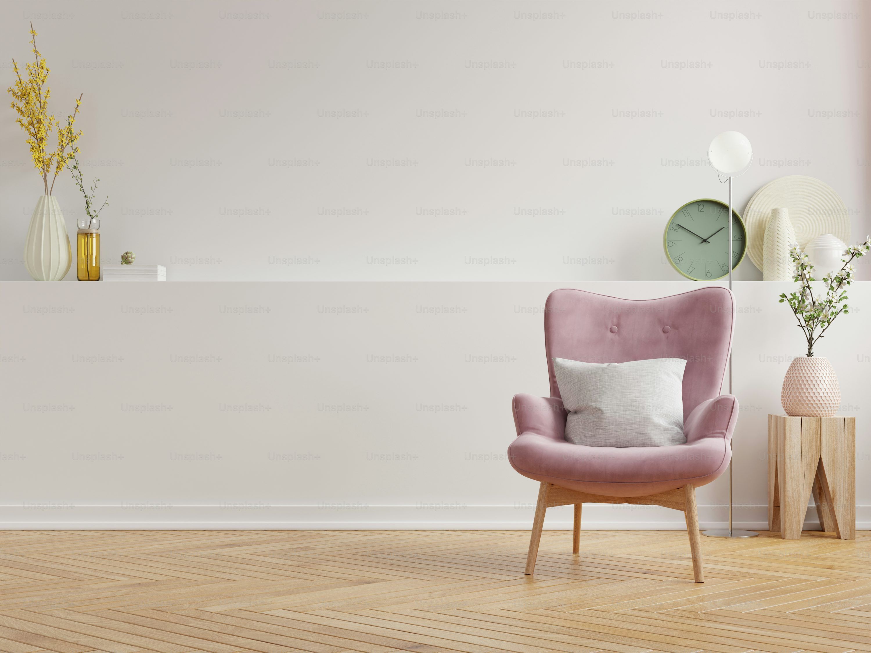 3000x2250 Modern minimalist interior with an armchair on empty white wall background, 3D rendering photo