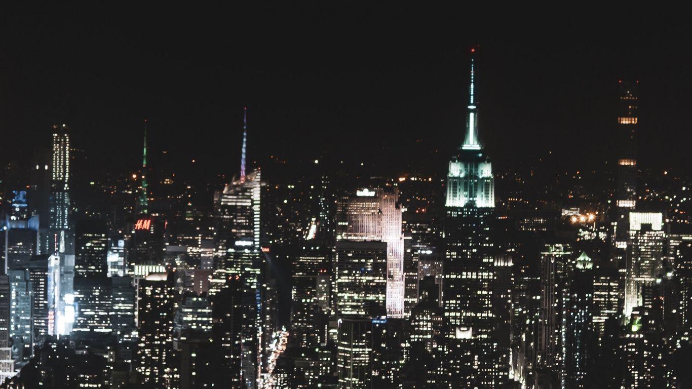 1366x768 Download Bird eye view, New York, buildings, city, night wallpaper, 1366x Tablet, laptop