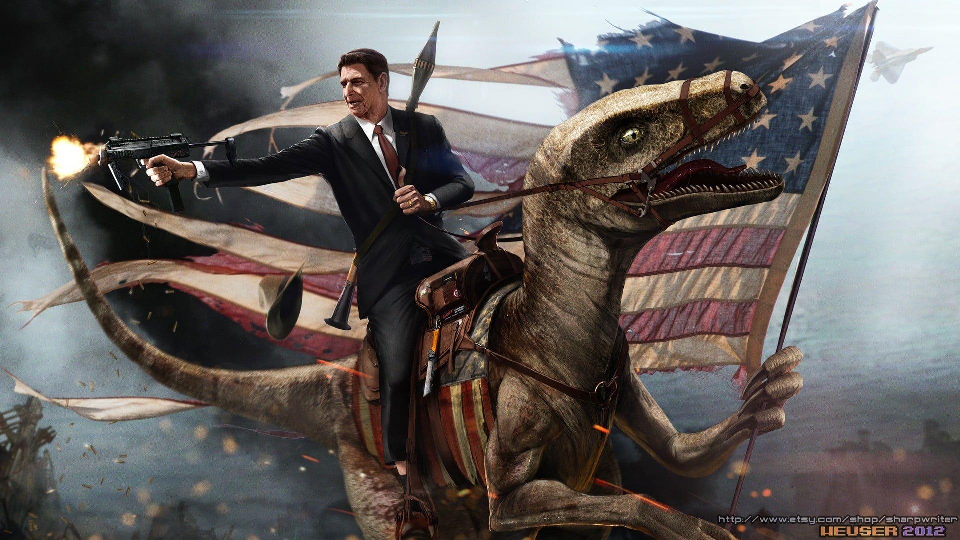 1920x1080 Man riding on raptor poster, humor, digital art, Ronald Reagan