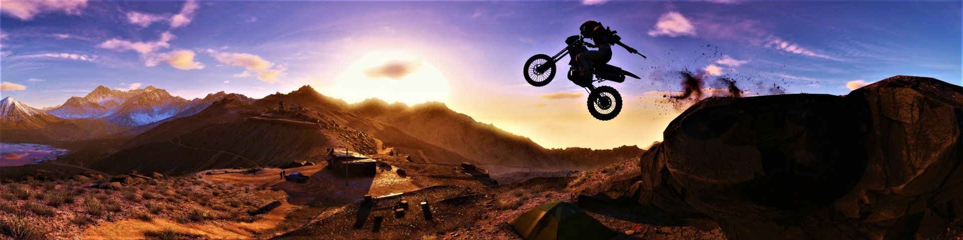1920x479 Wildlands Rider: Epic Motorcycle Jump HD Wallpaper from Ghost Recon