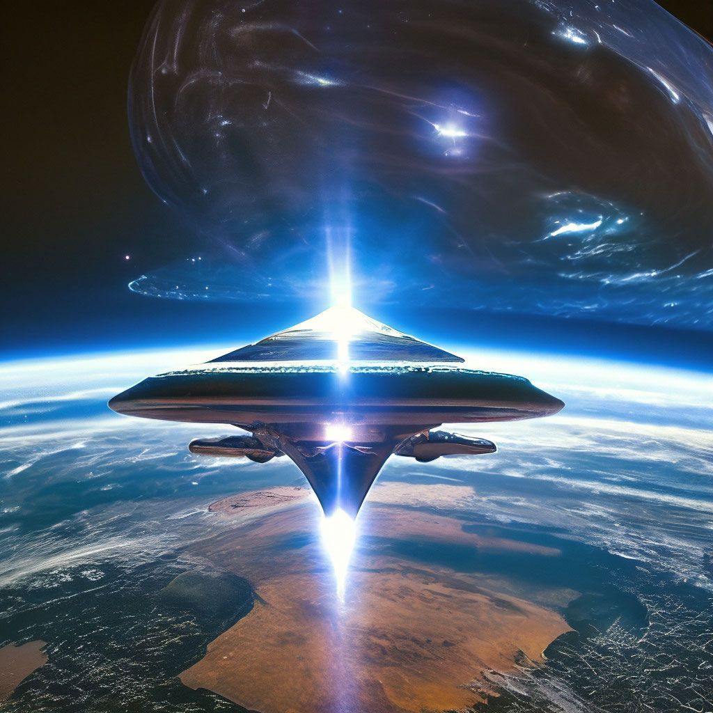 1024x1024 Acrylic, space Pleiadian UFO ship in space, view from afar, against the