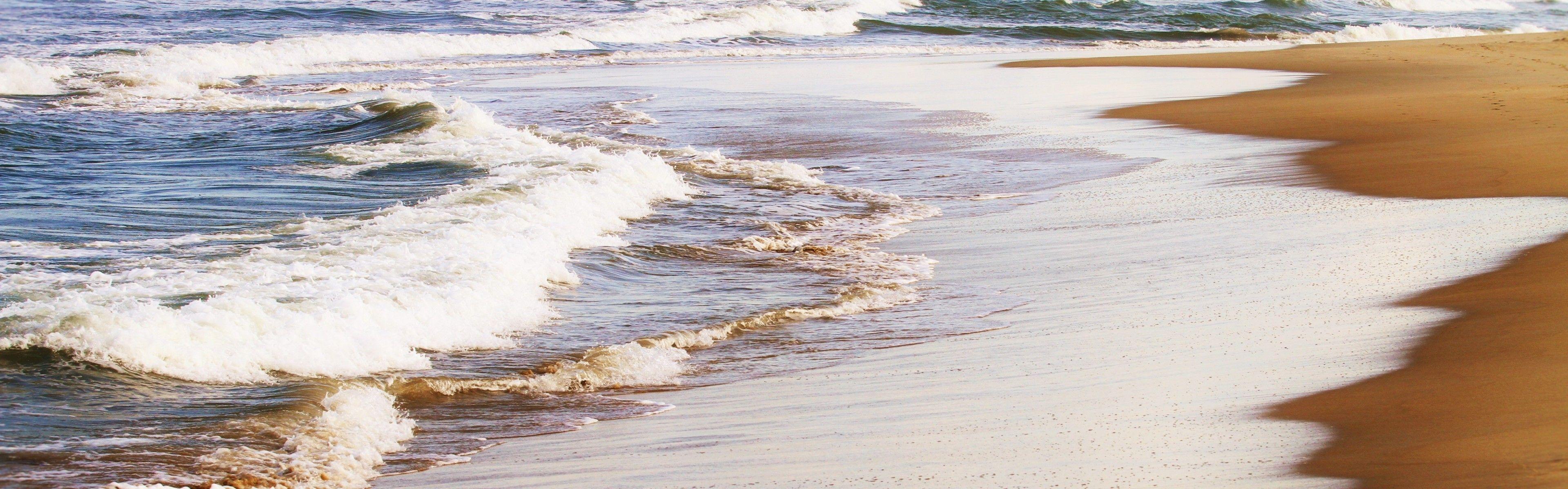3840x1200 Download 3840x1200 Ocean, Waves, Sand, Beach Wallpaper