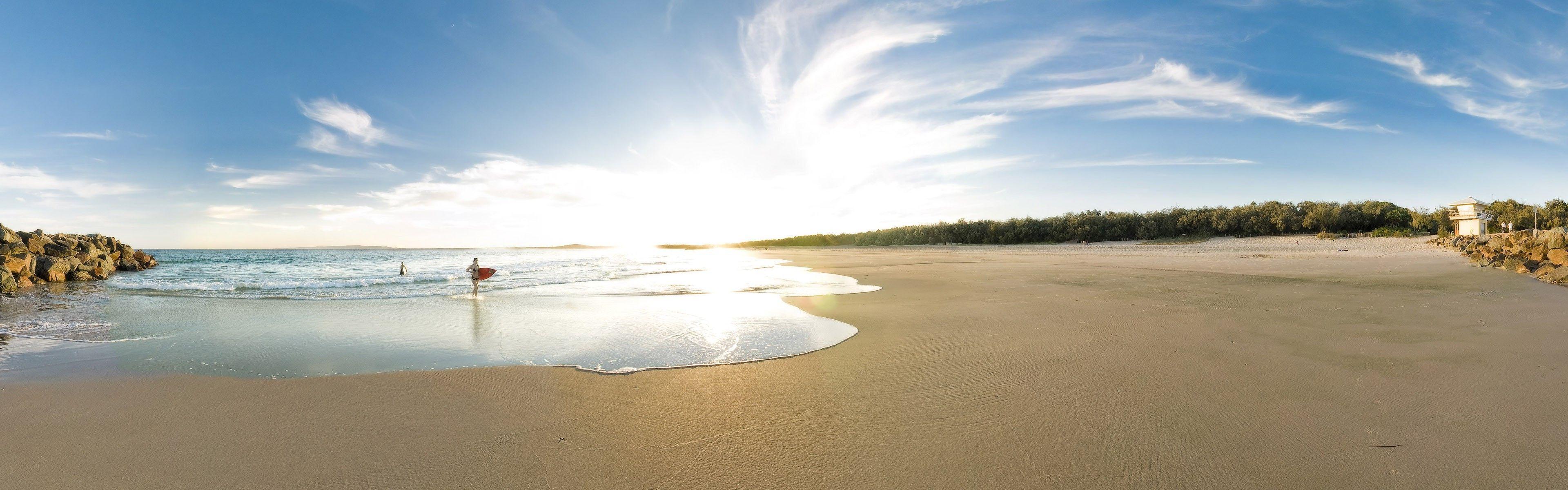 3840x1200 sea, Clouds, Beach, Panorama, Sky Wallpaper HD / Desktop