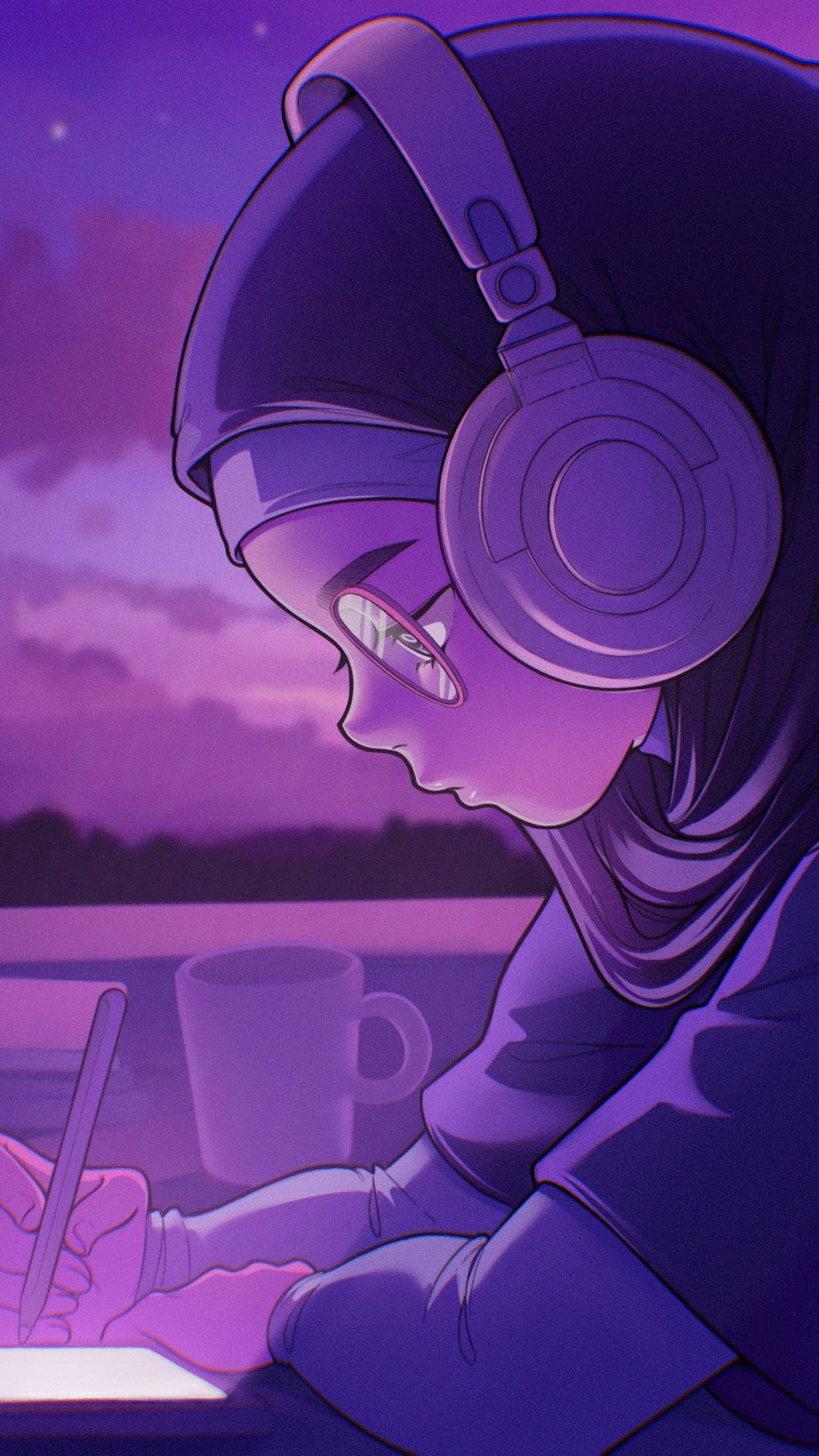 1242x2208 Lofi girl Wallpaper 4K, Listening music, Purple aesthetic