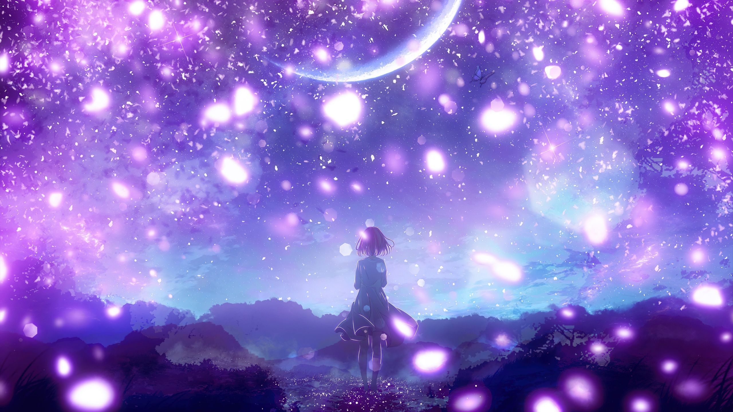 2560x1440 Anime girl Wallpaper 4K, Purple aesthetic, Crescent Moon