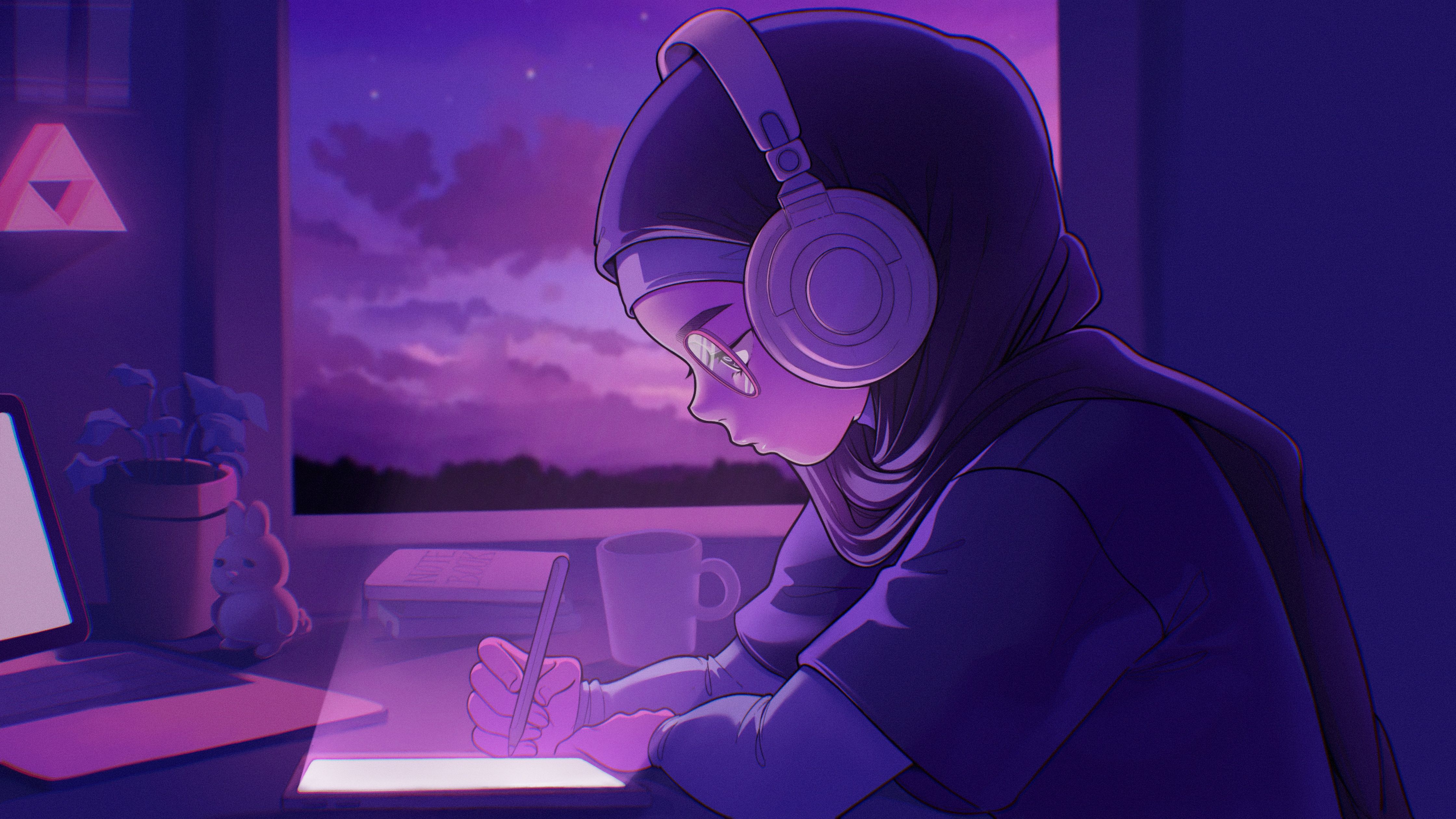 4480x2520 Lofi girl Wallpaper 4K, Listening music, Purple aesthetic