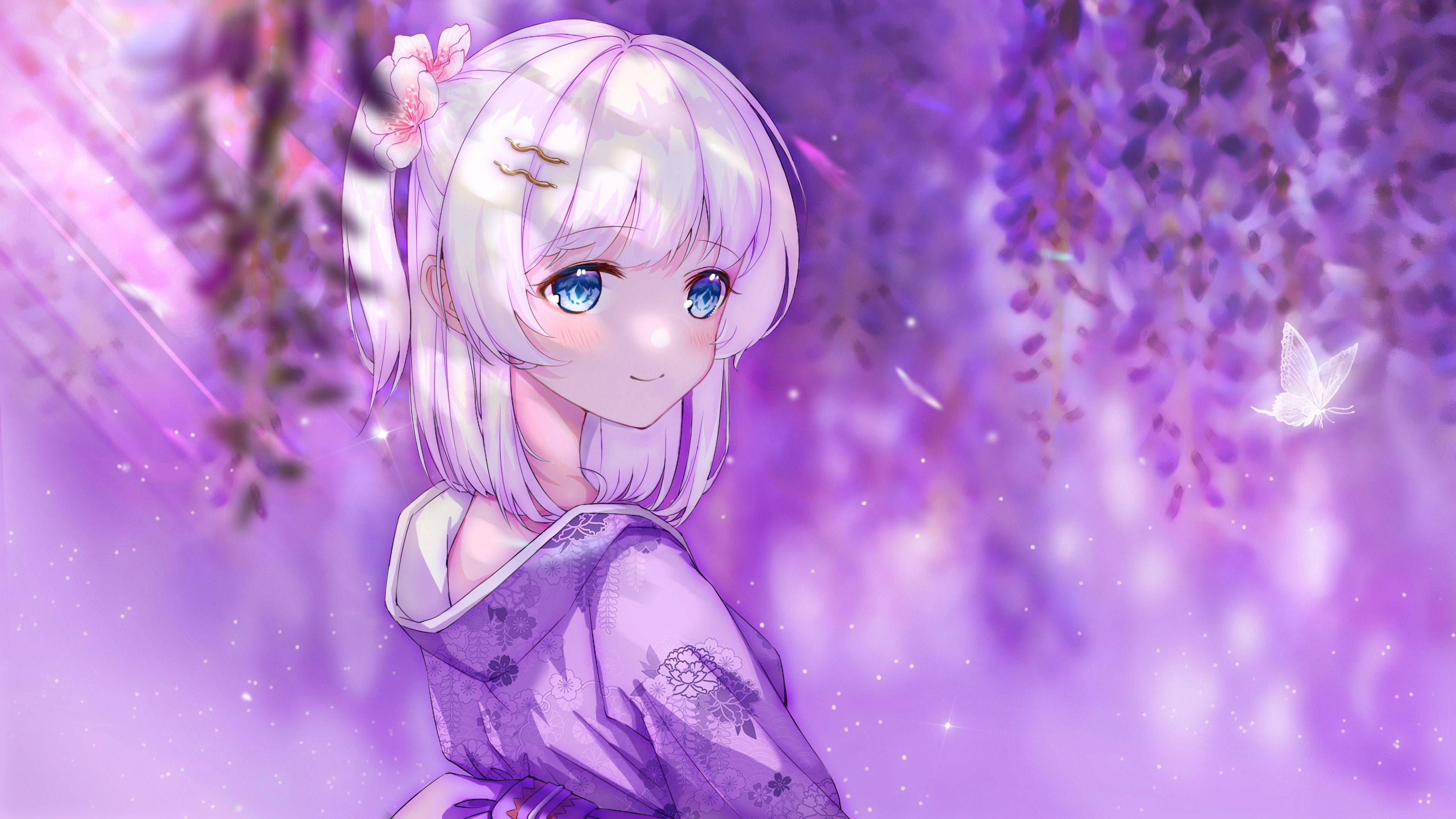 3840x2160 Blue Eyes White Hair Anime Girl In Purple Background 4K HD Anime Girl Wallpaper