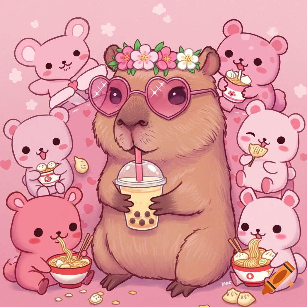 1024x1024 Kawaii capybara wearing heart sunglasses and a flower crown, drinking boba, surrounded by pink bears eating ramen and dumplings in a pink setting. on Craiyon
