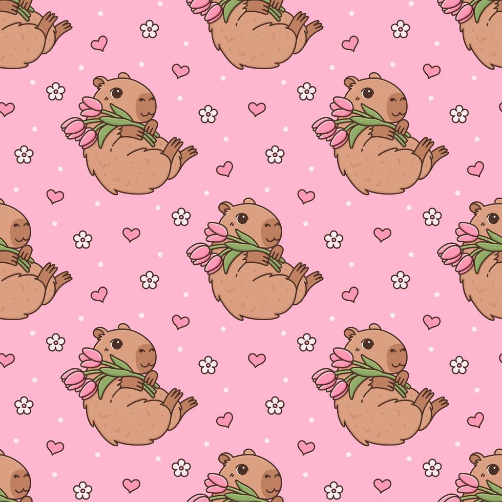 980x980 Seamless pattern with cute capybara and bouquet of tulip flowers, pink hearts, cute daisies. Funny cartoon rodent character in kawaii style. Spring illustration on pink background with animal 55722953 Vector Art