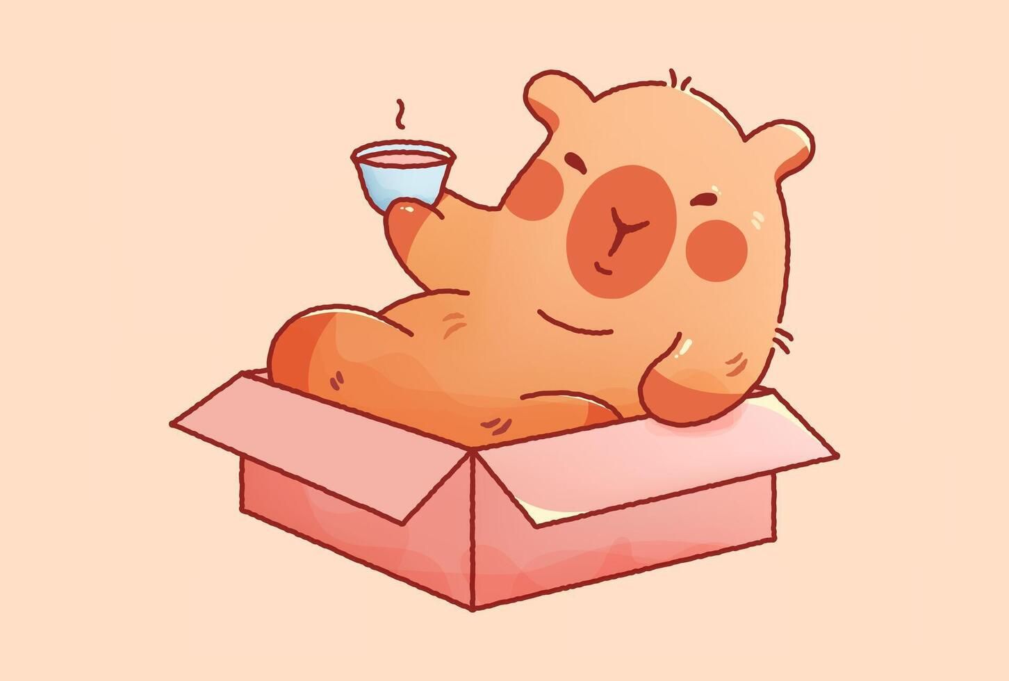 1452x980 Kawaii cutie capybara sitting in box with cup of tea